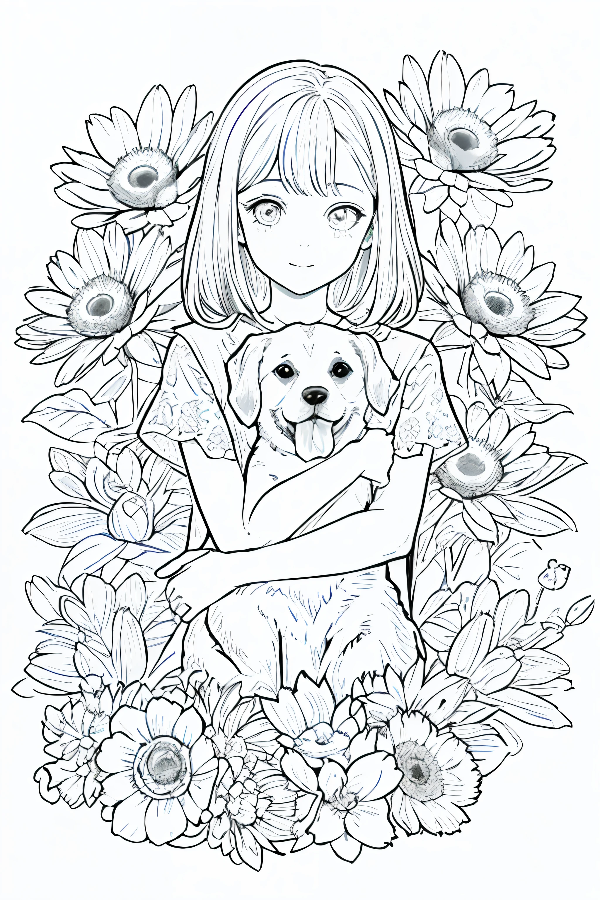 obra maestra, Acura, A girl hugging a dog puppy, flower line drawing background, fondo blanco, Monocromo, line drawing, ((boceto))