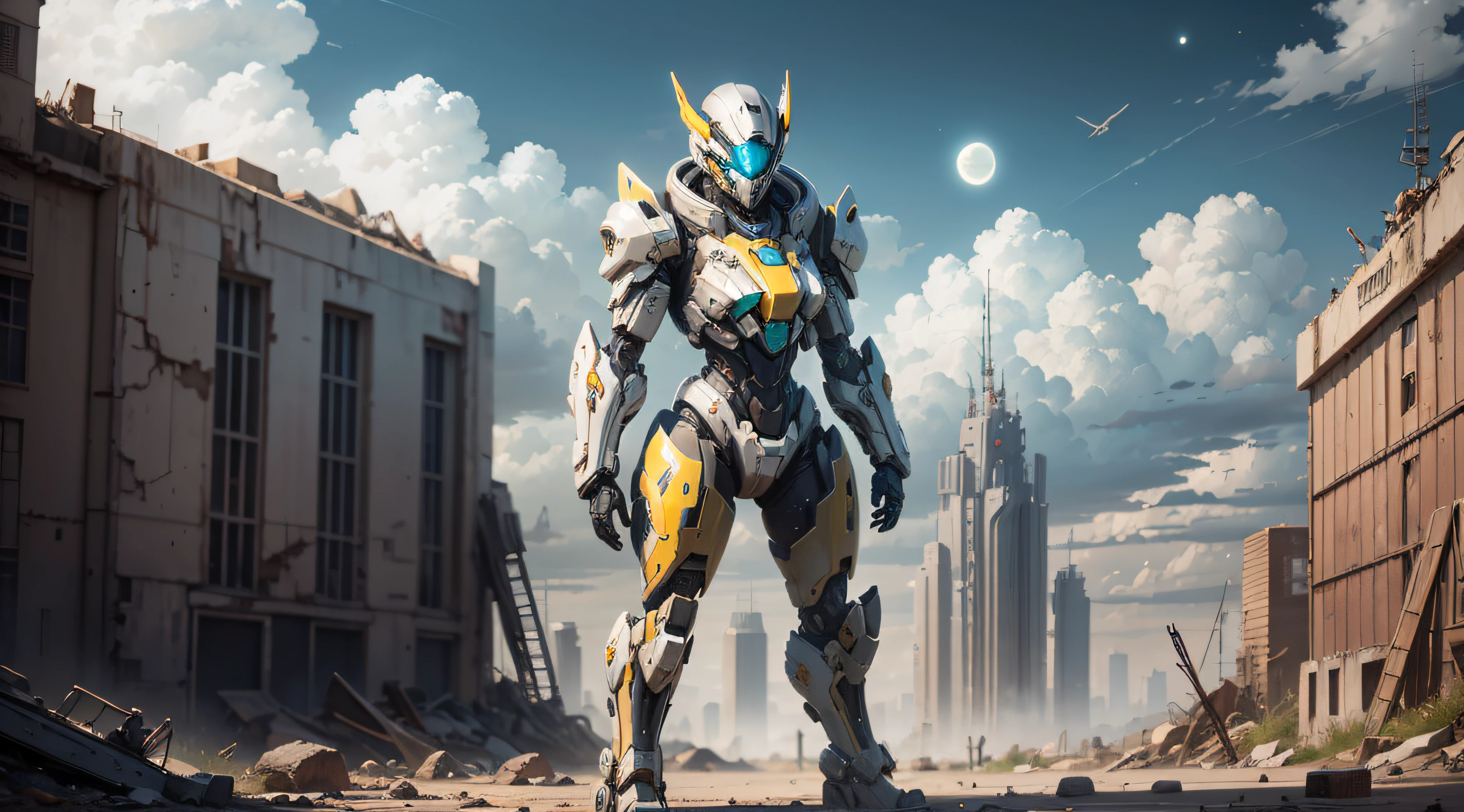 Marine space, Martelo 40,000, mundo em guerra, linda mulher cyberpunk com armadura mecha master chef halo muito detalhado, Mecha Warframe, cores vibrantes, vermelho, Branco, azul, verde, metallic yellow, enferrujada, Usado, sujo de sangue, with sky with clouds and full moon and battleships, corpo inteiro com armadura detalhada, campo de batalha sangrento, apocalyptic world, alien ruins,