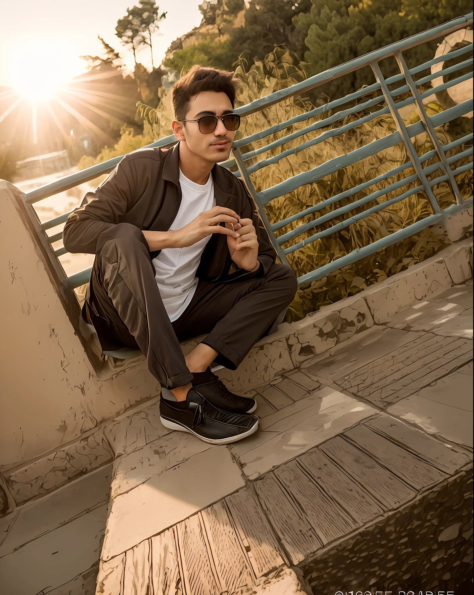 arafed man sitting on a ledge with a cigarette in his hand, mohamed chahin style, with a cool pose, khyzyl saleem, profile picture 1024px, in sunny weather, mohamed chahin, cool pose, casual photography, ash thorp khyzyl saleem, candid picture, very artistic pose, very cool pose ;make it cartoon type