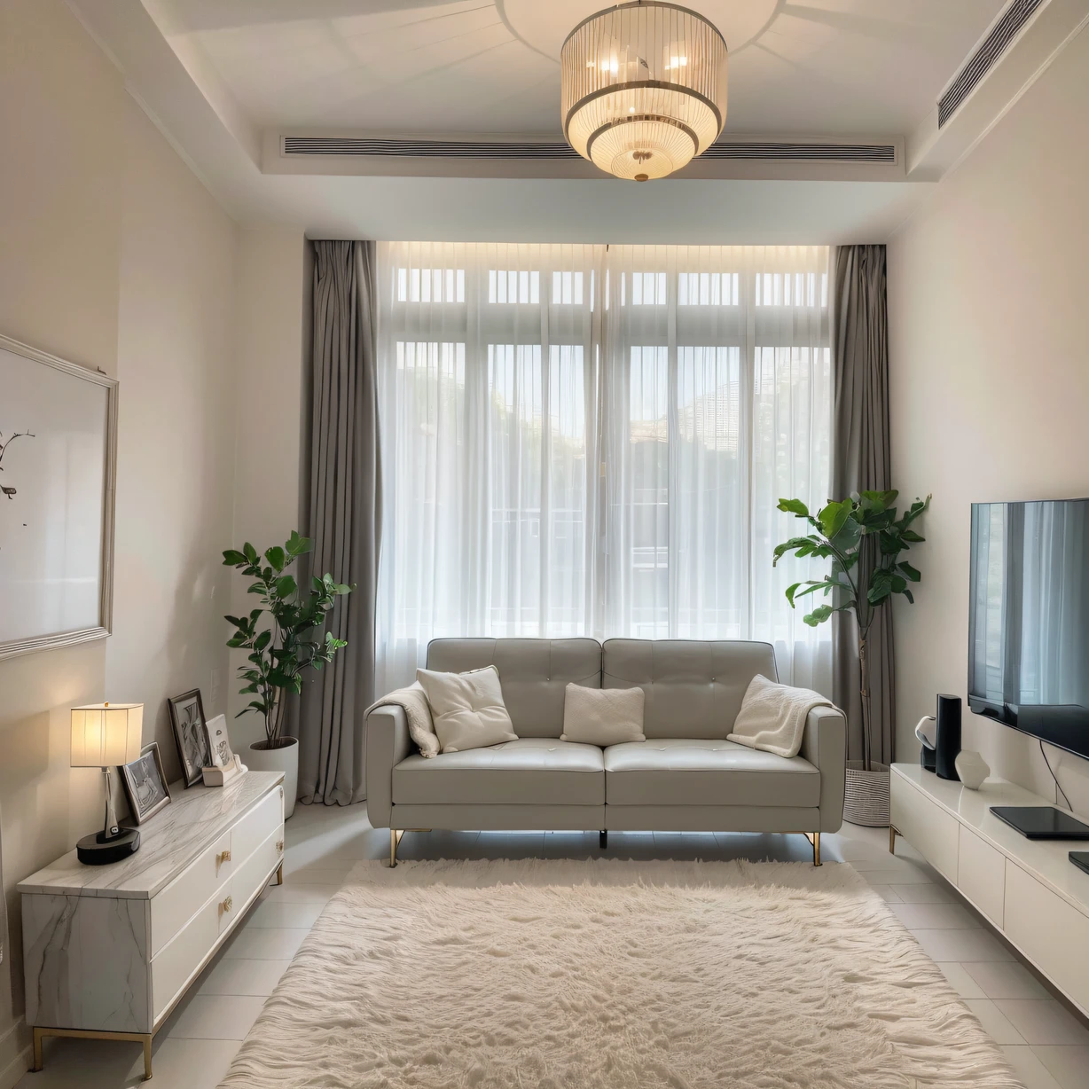 ,masterpiece, best quality,8k, ultra highres,in the early morning,The shimmering light spills through the marble curtains on the simple gray carpet,Gently envelop the entire living room。White sofa with black metal lines coffee table and minimalist art decorations,Echoing the simple beauty of urban life。It makes people feel like they are in a fashion art exhibition hall,Every entry,Can't help but sigh for its modernity。