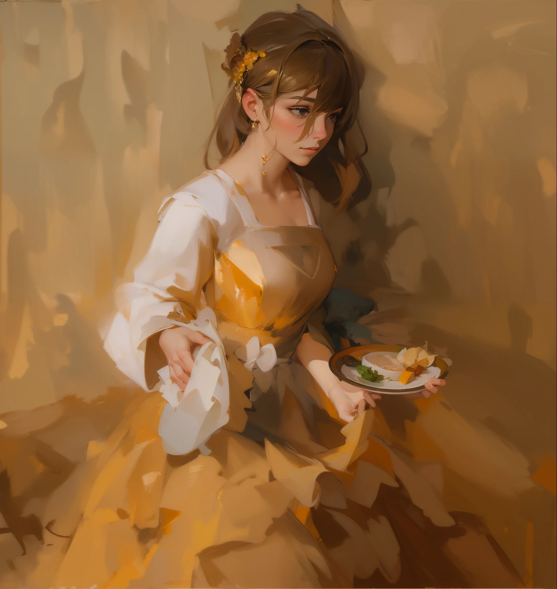 masterpaintings,Highest quality,high-definition,8K,oilpainting,painting of a woman in a dress holding a plate of food, painterly brushwork, in a oil painting style, digital oil painting, inspired by Richard Schmid, painterly style,Detailed description of facial features,Detailed details