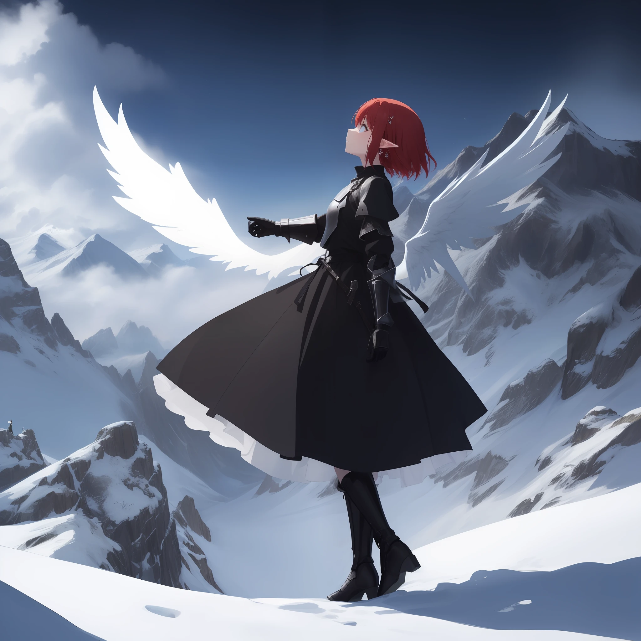 (masterpiece), (look_at_the_sky) (looking_up),  (best quality), (ultra-detailed), (best illustration), looking_up, looking at the sky, outdoors, standing, full body, model, 1girl, solo, ex-pression face, (sideview), from_side, (white wings of energy), small_breasts, large wings, wings at the back, pointy_ears, red_hair, short_hair, black long sleeve blouse with small white ribbon on the chest, black dress, black grunge skirt with stripes, (Medieval Knight Gothic Style Gauntlets Functional Armored white Gloves), (medieval knight style armored white long boots), odd eyes, blue_eyes, yellow_eyes, (anime), best_quality, detailed_background, milk galaxy, night, snow, storm, mountain, cliff, (sombre), (red_hair), medium_hair, black_hair, Wind_effect, short_hair