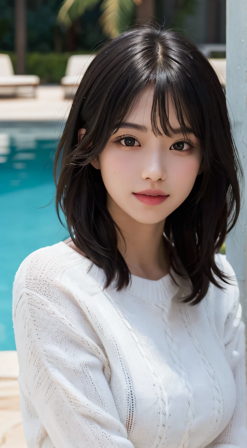 PureErosFace_V1, 最佳质量, pphotorealistic, 8K, high resolucion, 1girl huge large breasts, perverted woman, (skin dent), (sportrait:0.6), gorgeou, dynamicpose, ((poolsidebackground:1.6)), coconut palms, ((mediumsize roundbreast,white highnecksweater:1.4)), looking directly at the viewer:1.8, (1 girl looks at the audience with eyes, medium lenght hair, black har, Separate bangs:1.65), (Bokeh), Smile with:1.2, (closed mouths:1.16),