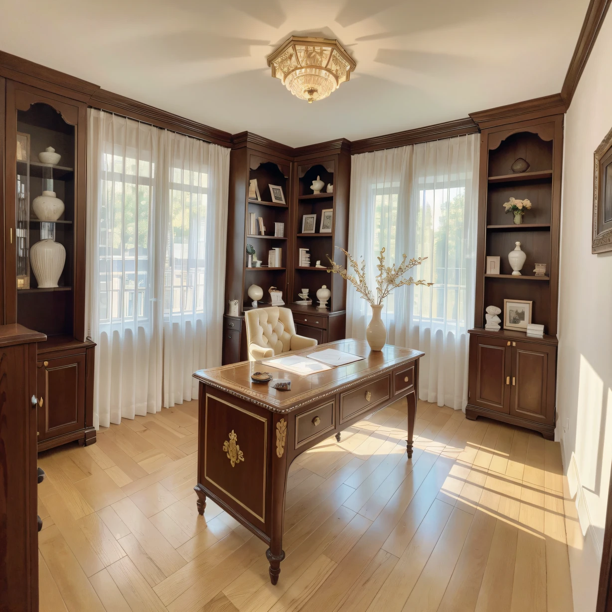 ,masterpiece, best quality,8k, ultra highres,Open the door,It's like entering a beautiful century-old castle。Every part of the study is a meticulously crafted work of art,Elegant solid wood desk,Bookcases and walls inlaid with unique patterns,Exudes a touch of culture。Warm yellow light shines through the curtains,Illuminated the entire study,It's a magical feeling like you're in the Victorian era。