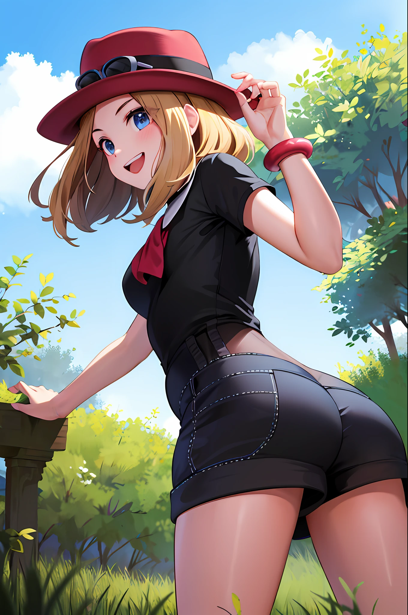 obra maestra, mejor calidad, highres, ojos azules, serena \(pokemon\), 1girl, solo, muslos, pelo largo, sombrero, joyas, pulsera, muslos negros, camisa con cuello, falda plisada, falda roja, sin mangas, falda de cintura alta, camisa sin mangas, lashes, sombrero rosa, camisa negra, gafas en la cabeza, parte superior del cuerpo, campo, sonrisa, boca cerrada, de rodillas, gluteos tocando sus talones, from behind position, mirando sobre el hombro, falda levantada, showing underwear, bragas, bragas ajustadas, bragas rojas,  rubor, on grass. De espaldas al espectador, embarazada, ropa interior mojada, ropa interior chorreando, agua cae de su ingle.