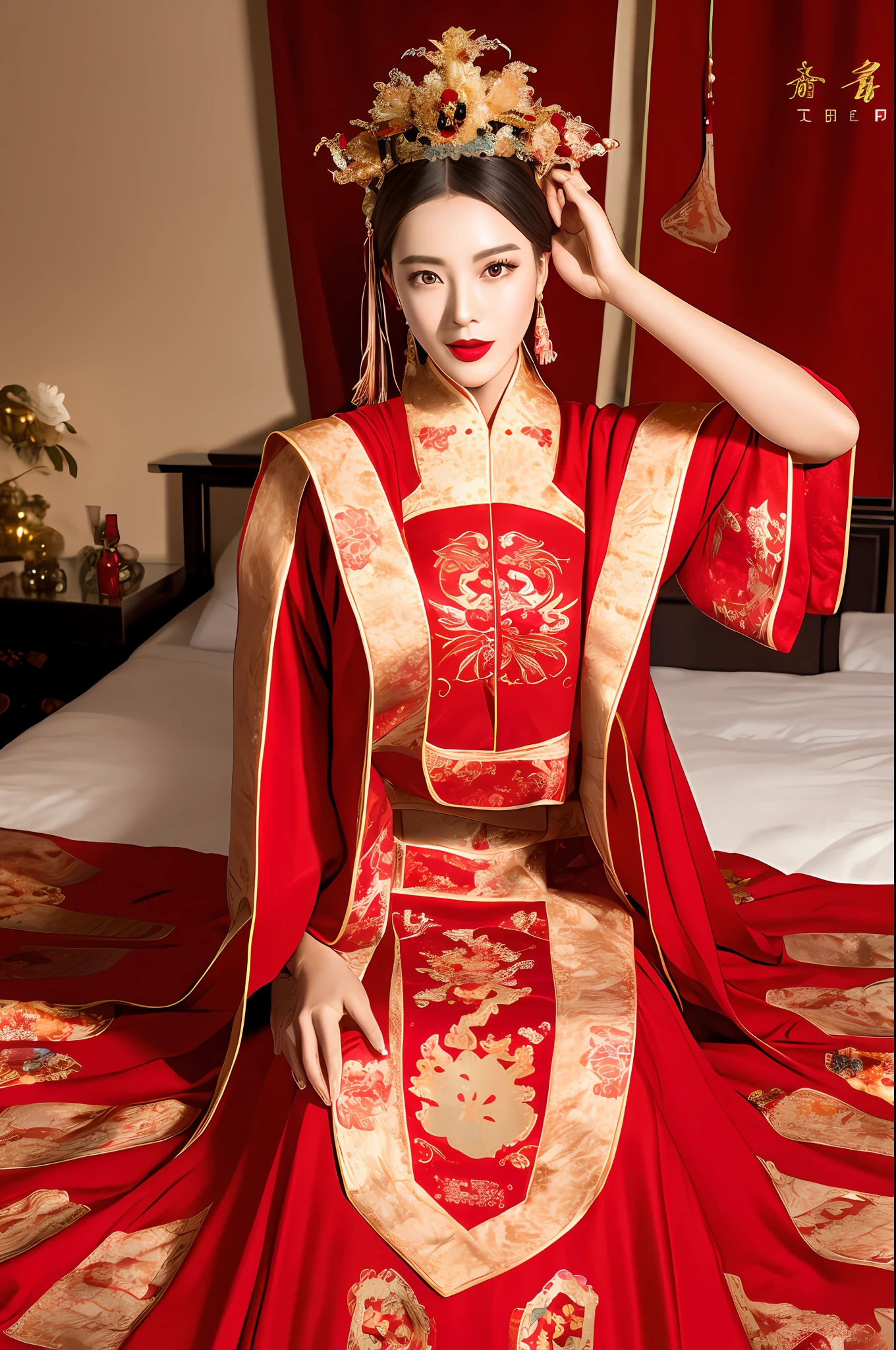 (best quality:1.1) ,(photorealistic:1.1), (photography:1.1), (highly detailed:1.1),
a woman in a red and gold dress with a tiara on her head, hair stick,(sitting on red bed),blush,shy,black_hair, crown,looking down, (2 red candles), chinese_clothes, curtains, earrings, hair_ornament, hanfu, indoors, jewelry,   long_sleeves, red dress, red lips, tassel, (Red quilt),(red palace:1.2),