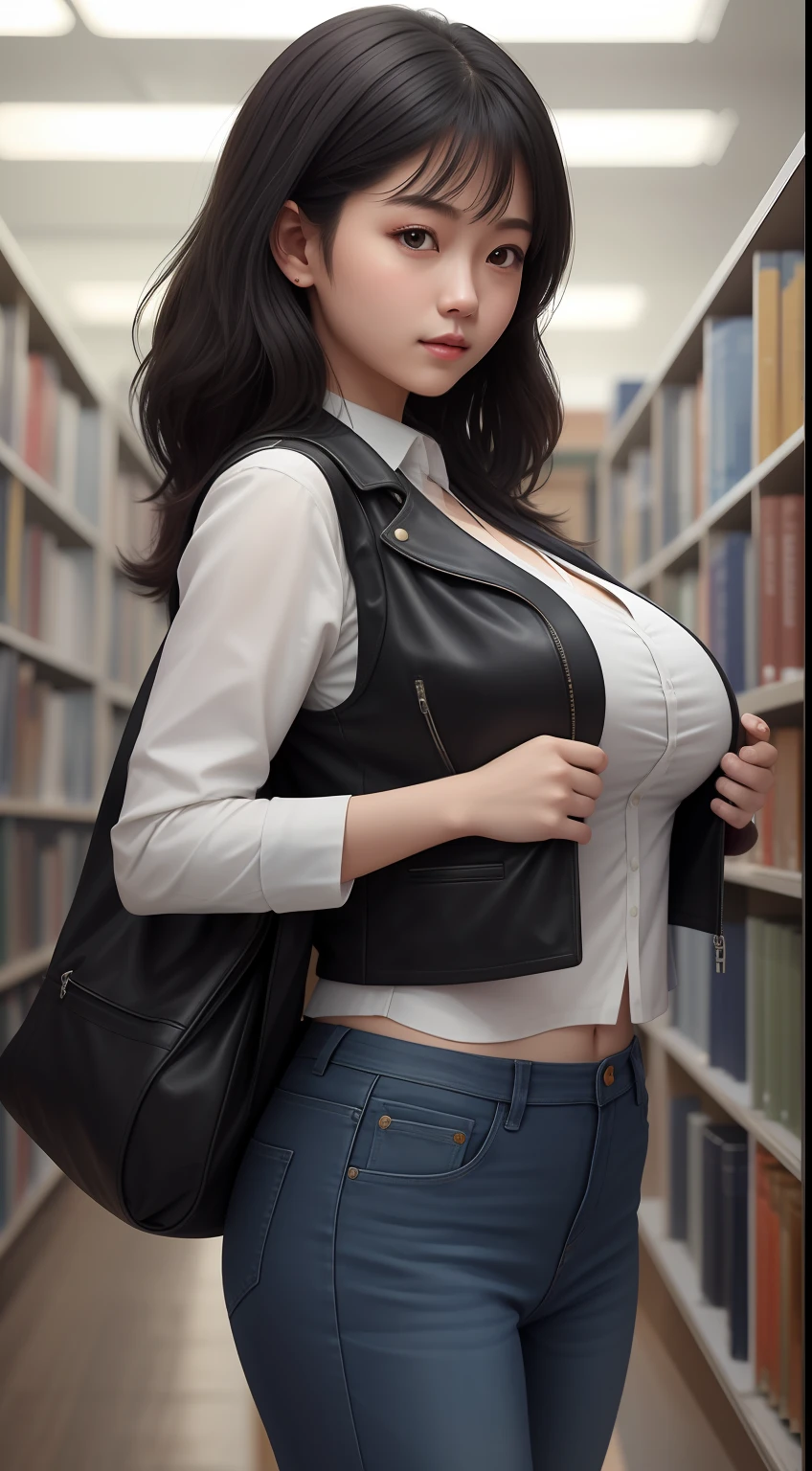 (最佳质量),large head,(1 girl with huge breasts:1.3)Wearing blue jeans and leather vest in the library,Toning muscles,
