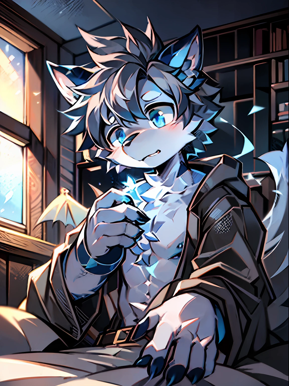 eyes with brightness, the panorama, Character focus ，Full body like，Side Body，独奏,solo person， shaggy, Correct human anatomy。Furry male wolf（Dragon and wolf combined）, Male blue-white skin, The eyes are blue，（A pair of dragon wings）, Gray hair(The long），There is a pair on the forehead（small nipple）Blue horn fluorescence，In the lab，Inside the cell，Get up from the bed，astonishment，Look into the palm of your hand，Take control of the magic，Ice floating in your hands，Gray shorts，trench coats，Young style，Height one meter seven，Handsome， There is a wolf tail，high-definition，8K，1440*2048