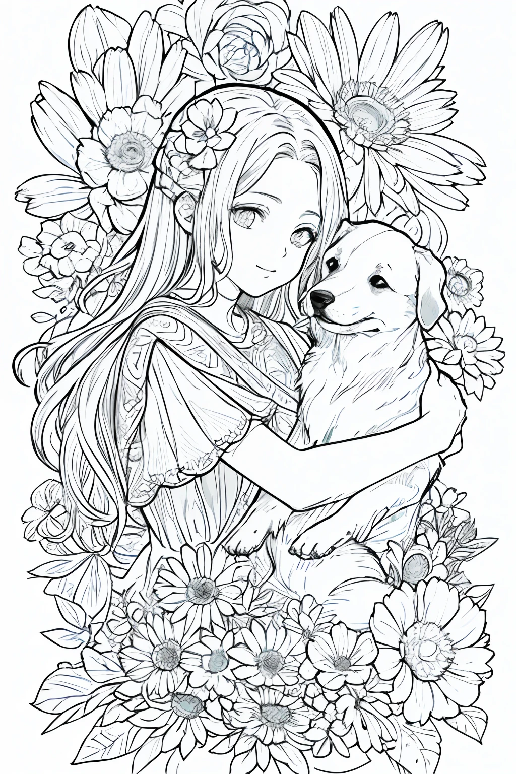 obra maestra, Acura, A girl hugging a dog puppy, flower line drawing background, fondo blanco, Monocromo, line drawing,