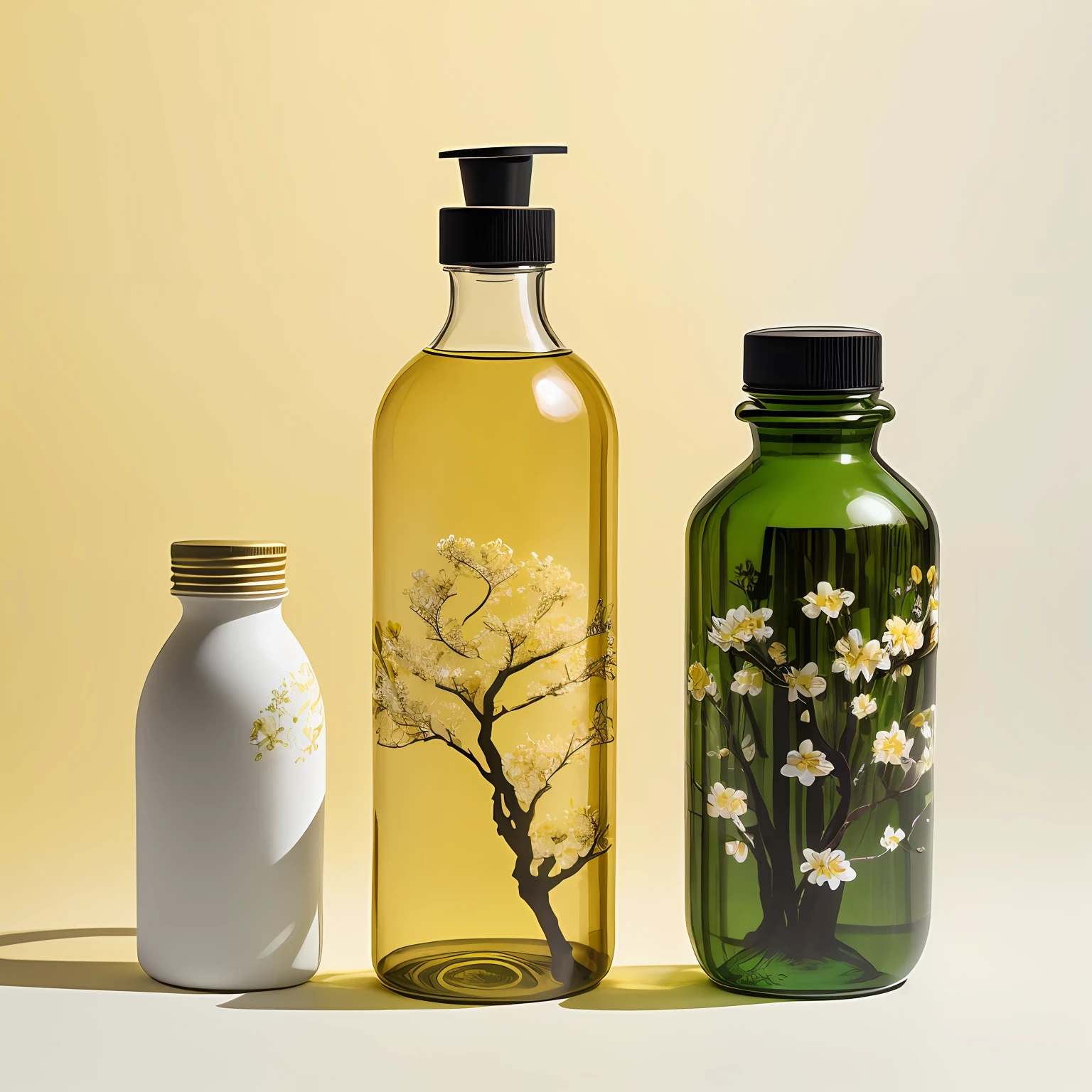 Light yellow background and side curtains，Tree shadow effect，Bottle decorated with flowers, product photograph, product introduction photos, products shot, high quality product photo,White product photo, japanese collection product, with bloom ethereal effects --auto