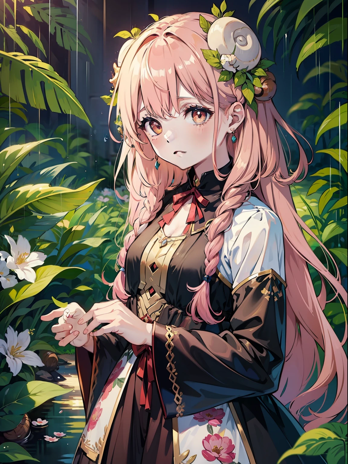 (extremely detailed CG unity 8k wallpaper, masterpiece, best quality, ultra-detailed),(best illumination, best shadow, an extremely delicate and beautiful), lush and vibrant garden, blooming flowers, colorful petals, shimmering light, peaceful ambiance, girl, rainy day, looking at the viewer, curly pink hair, facing the photo, long hair, shy girl: 1.3, snail girl: 1.3, ((snail inspired accessories)), snail patterned hair, snail shell shaped dress: 1.3, snail antennas