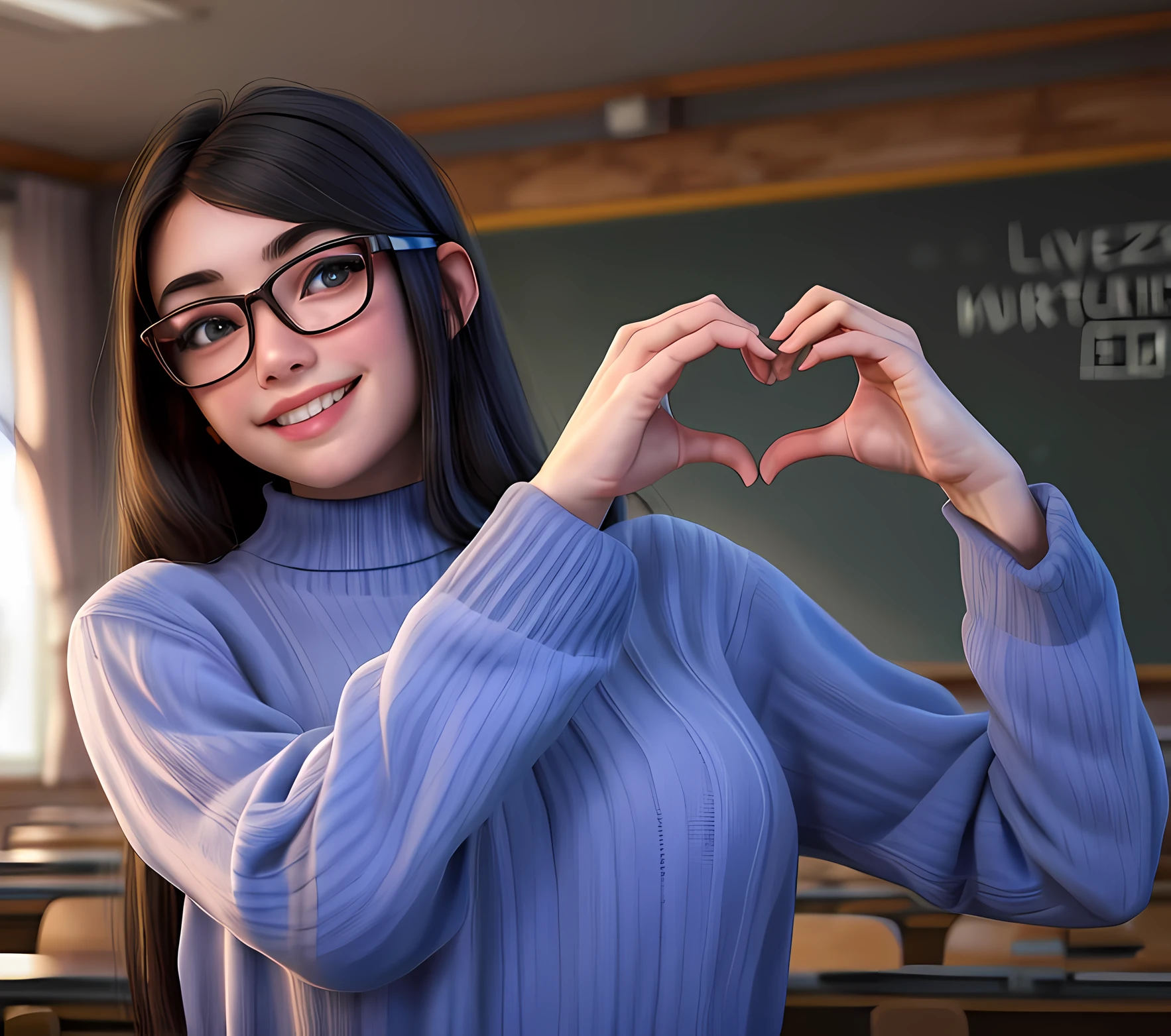 1girl, thicc, forming a heart with her hands, blue sweater, big nerd glasses, classroom
