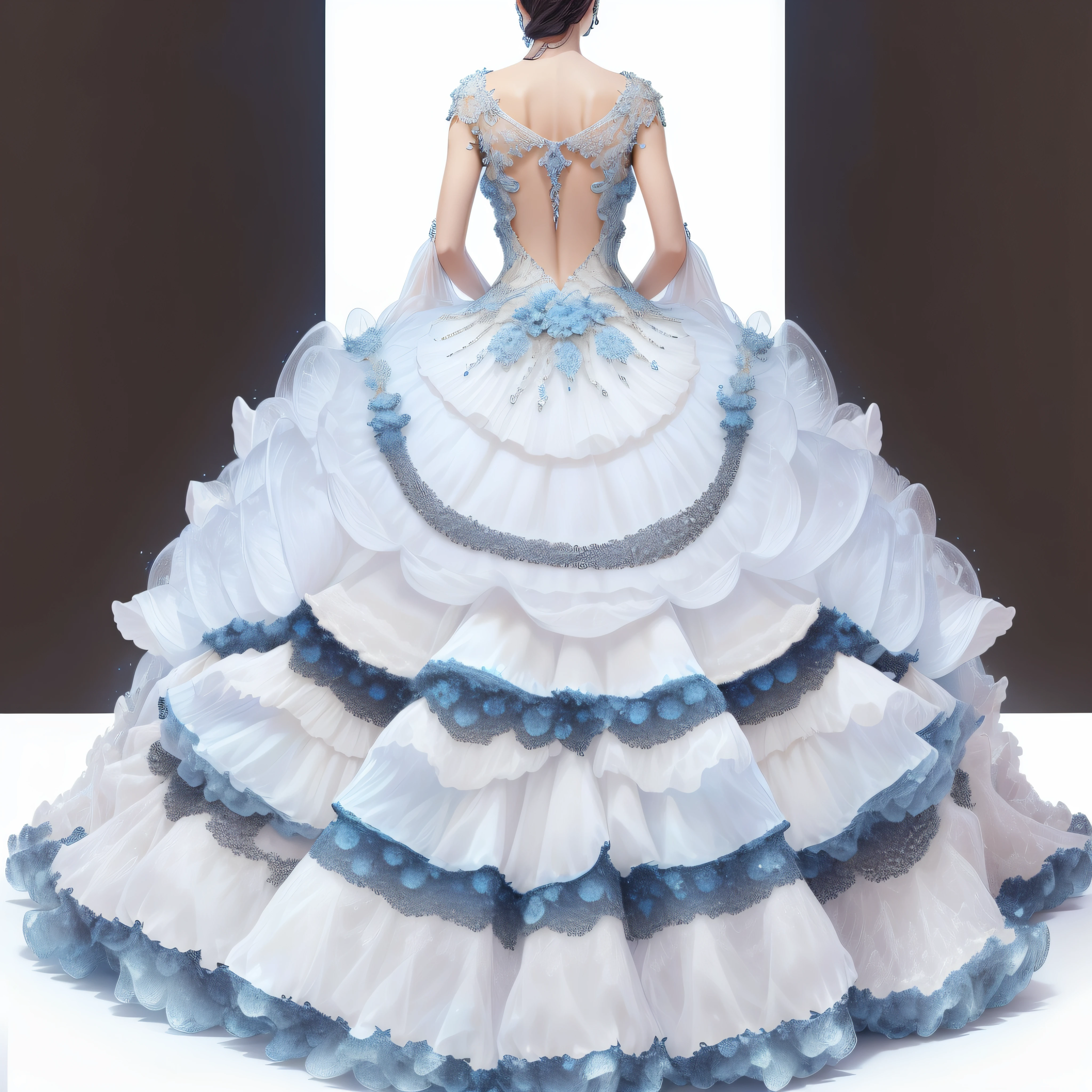 a goddess wearing a majestic white and blue ball gown dress, big beautiful dress, intricate puffy ball gown with lots of ruffles and rhinestones (Masterpiece, Top Quality, Best Quality, Official Art, Beautiful and Aesthetic: 1.2), (1 Flower), Full Body, Extremely Detailed, (Fractal Art: 1.3), Colorful, Most Detailed