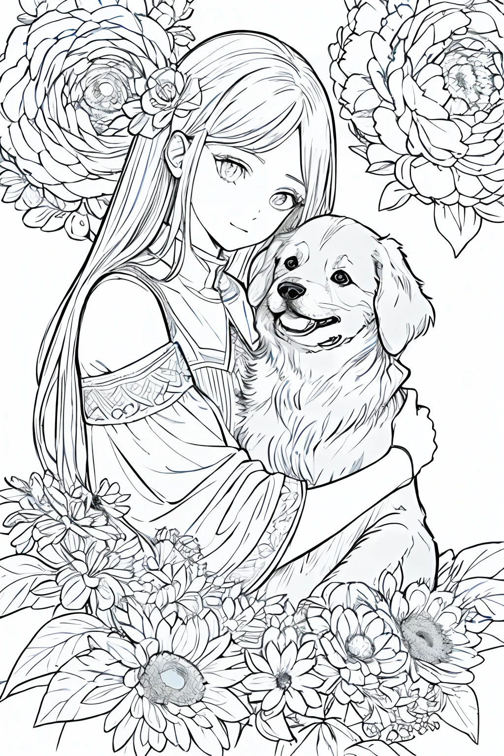 obra maestra, Acura, A girl hugging a dog puppy, flower line drawing background, fondo blanco, Monocromo, line drawing