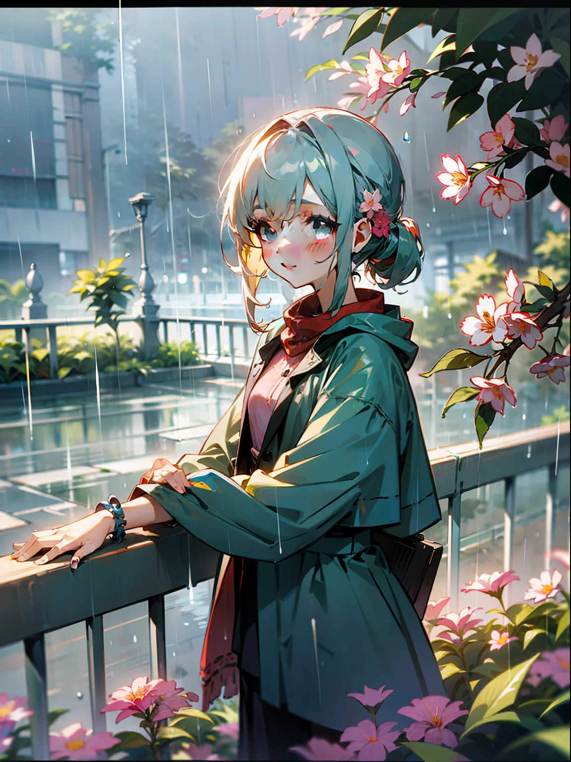 The girl looked at the rain-soaked flowers and trees in the distance by the railing,Reach out to catch the rain