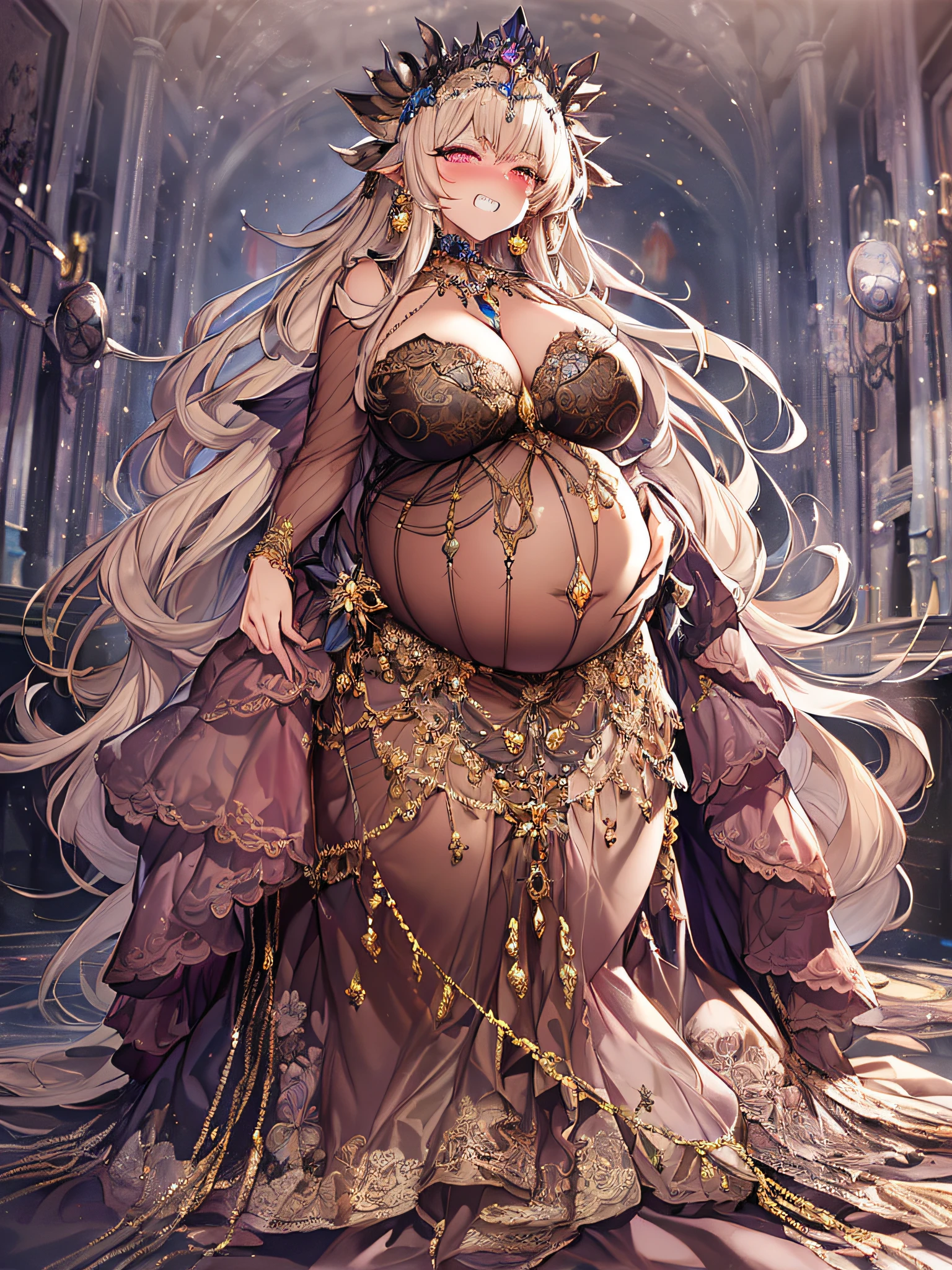 ((anime artstyle)),(Masterpiece),(Best Quality), (Super Detail),((Very Delicate and Beautiful)),Focus on character,Dynamic Angle,Looking at viewer,((Solo)),standing,(((full body))),(((one evil pregnant princess in gorgeous ball gown with voluminous skirt))),detailed face and eyes,((heavily pregnant)),((clenched teeth,blush)),embarrassed,jewel-like eyes,((Very Long voluminous Hair)),gorgeous embroidery and lace,See-through,ornate ruffles,Gorgeous jewelry ornaments,luxury hair ornament,luxury and evil tiara with jewels,(gigantic breasts,Long breasts),full body,(((evil and dark atmosphere))),full body,heavily pregnant,(inside of prison),jeweled evil ball gown,(((gorgeous ball gown with voluminous skirt)))