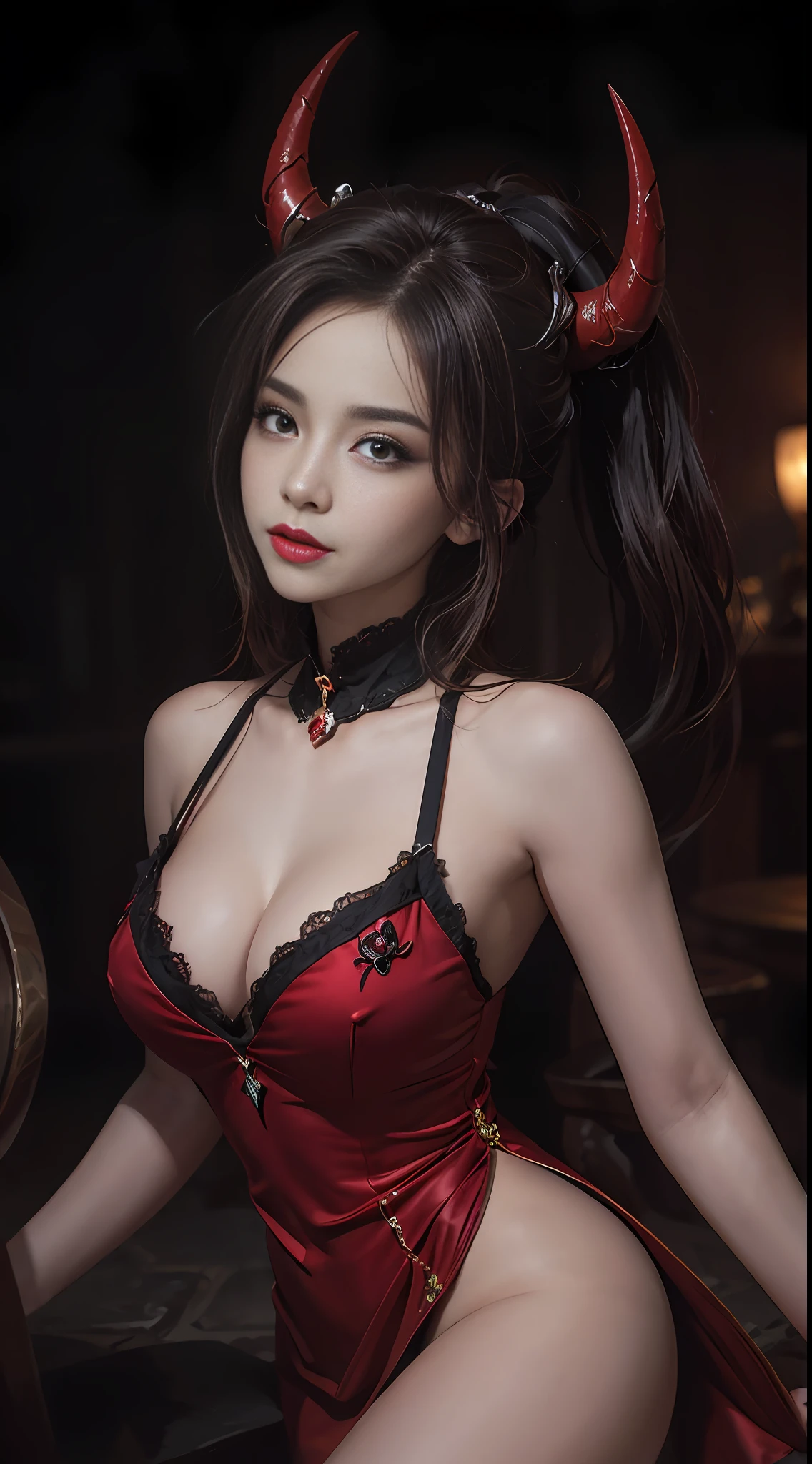1 beautiful devil woman from hell, In the Dark: 1.6), surreal female portrait by David Hockney and Alphonse Mucha, fantasy art, korea doll, photorealism, dynamic lighting, artstation, poster, volumetric lighting, very detailed faces, 8k ultra, Awarded, in the dark, deep shadow, low key, cowboy lens, (Red phoenix dress: 1.4), long hair, black hair, bust, luxurious palace, Royal style, devil crown, red eyes make up very sharp and detailed, The most beautiful face, The breasts are very big and round and round, Super realistic, chinese women's clothing, polo neck sweater, Charming smile, The eyes are very well made up, guweiz, devil style, wearing black mesh socks, Ponytail with a bow tied at the back of the hair, Red black lips, Devil tattoo on shoulder, wearing a thin red and black robe, the landscape is overcast and thunderous, (Portrait), Close-up of the main character, (Background details 1.8),