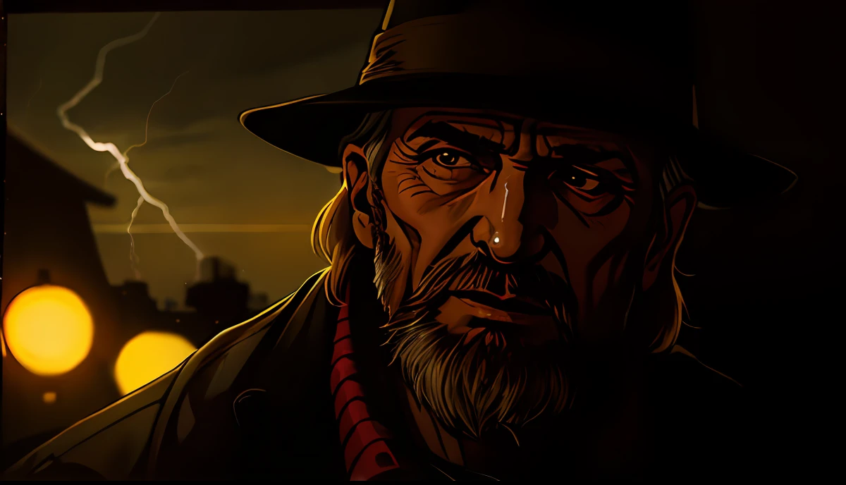 (((Cara raivosa))), (comic styled), David Bradley wearing black suit and black hat, cena escura, Ar Livre, fazenda, milharal, olhos azuis, fazenda Noturna, particules, chuva leve, Foco masculino, homem velho, magro, poor posture, (cabo de fluxo longo), noite, Chuva, lightning bolts, fundo detalhado, (arte de Frank Miller), ((hands on the window)), obra-prima, (realista:1.3), perfect lighting, sombreamento perfeito, (textura realista do tecido), hiper-realista, (fotorrealista:1.5), olhar penetrante, olhando para cima, arte de linha