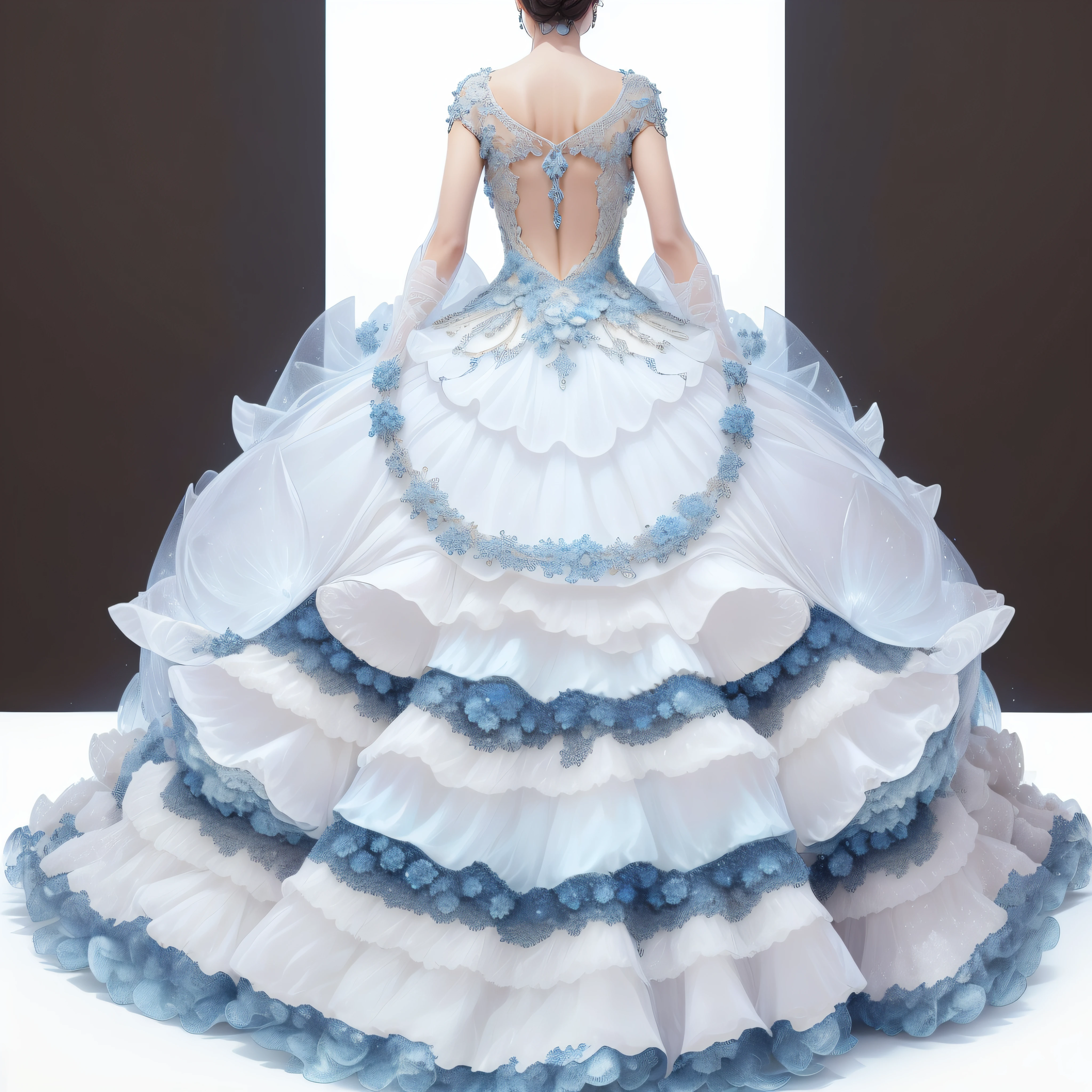 a goddess wearing a majestic white and blue ball gown dress, big beautiful dress, intricate puffy ball gown with lots of ruffles and rhinestones (Masterpiece, Top Quality, Best Quality, Official Art, Beautiful and Aesthetic: 1.2), (1 Flower), Full Body, Extremely Detailed, (Fractal Art: 1.3), Colorful, Most Detailed