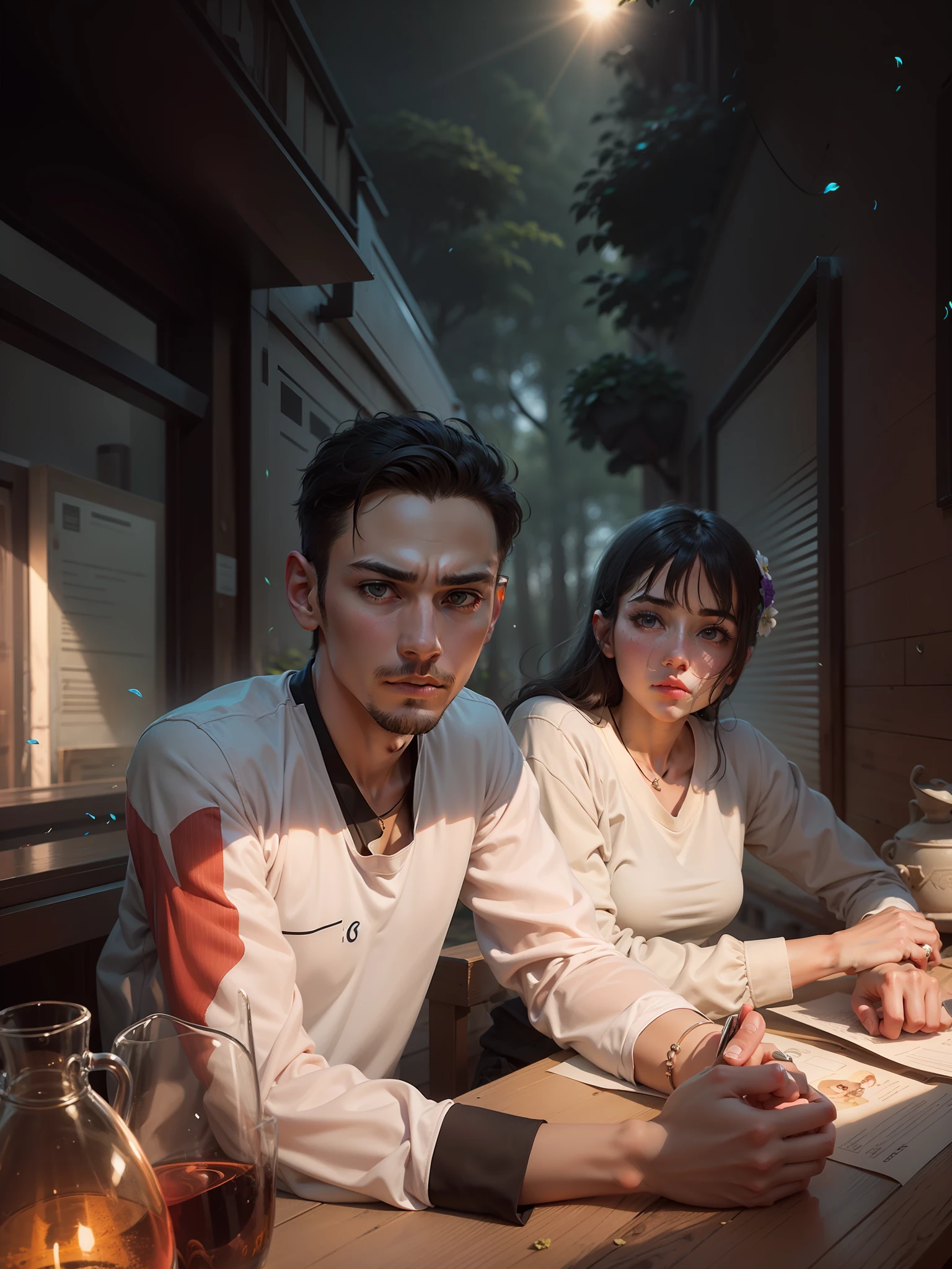 best quality, {best quality}, {{masterpiece}}, {highres}, {field field}, extremely detailed couple, illustration, couple, 1boy, 1girl, couple, love, love, romantic, sharp focus, male focus, female focus, black hair, violet eyes, sun, sunlight, lifting, t-shirts, men's leisure clothes, expressionless, women's fashion, forest, flowers, statement --auto --s2