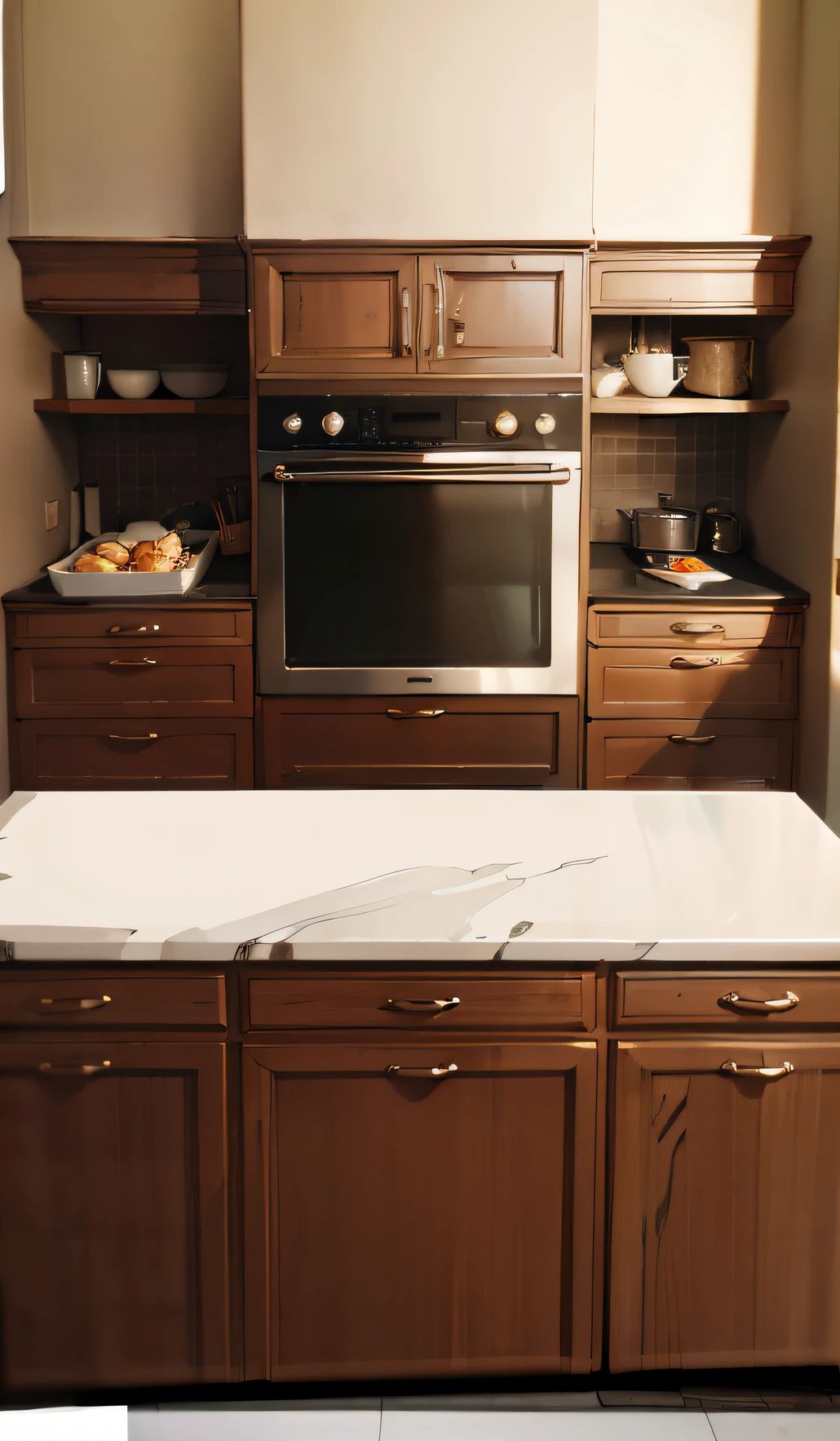 The kitchen with wooden cabinets is equipped with an oven。, kitchen counter, artistic pose, marble countertops, old kitchen backdrop angled view, scenic full shot, glossy surface, polished white marble, exquisite marble details, rectangle white porcelain table, a wide full shot, natural wood top, 3/4 view, 3 / 4 view, detailed wide shot, sleek streamlined design, an award winning masterpiece, exquisitedetails, Soft natural light, Bottom angle, close establishing shot, unbeatable quality, hyperrealistic”, ultra realistic”, detailed wide shot, exquisite fine details, Incredible quality, immaculately detailed, true realistic image, professional unique masterpiece, subtle detailing,