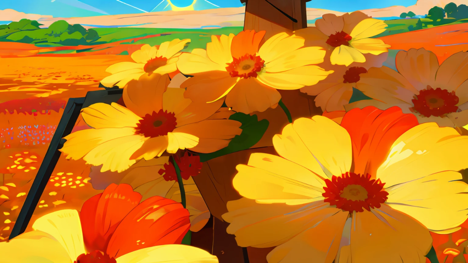 easel，Drawing board，Red daisies，Grow it out，skies，Sun'rays