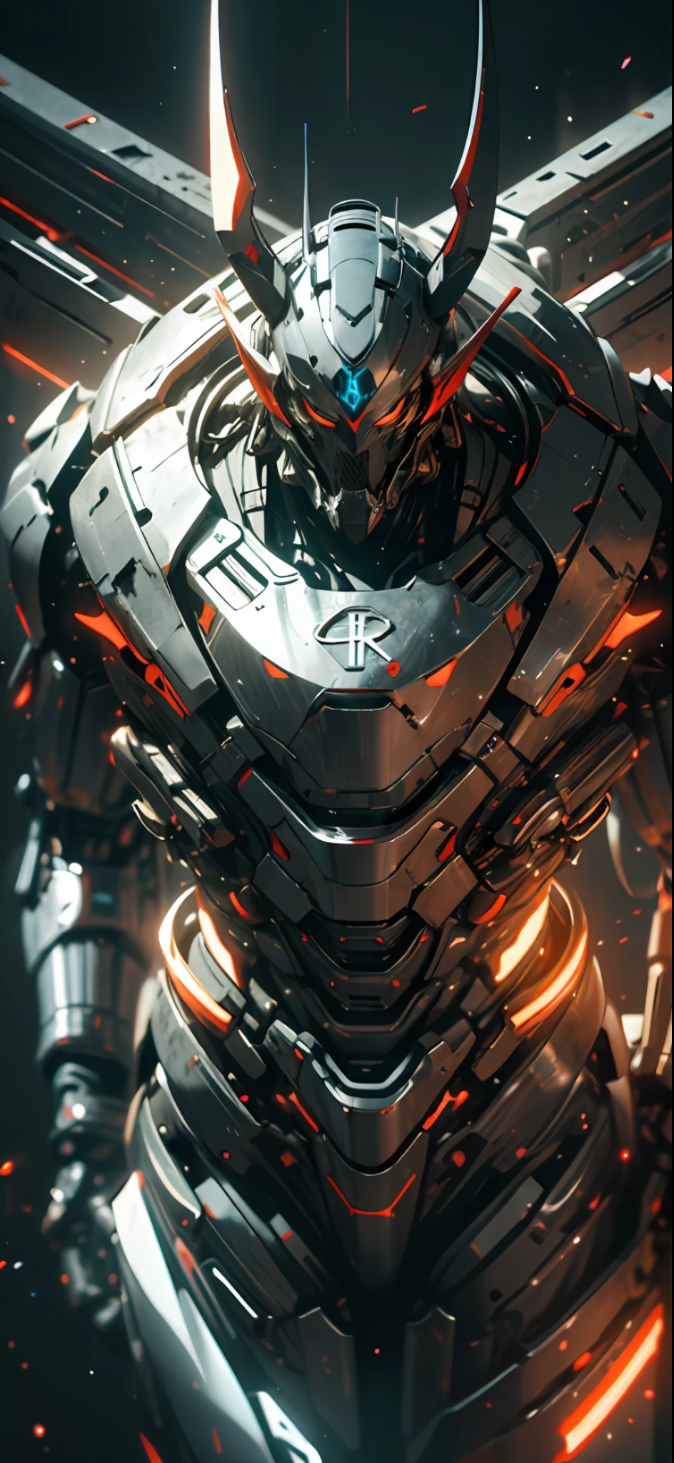 realistic,shiny,reflective,bioluminic, galactic cybernetic mask,mecha,(samurai:1.2)sh4g0d,GlowingRunes_red,fullbody,cinemnatic,dark background,back light,high contrast,