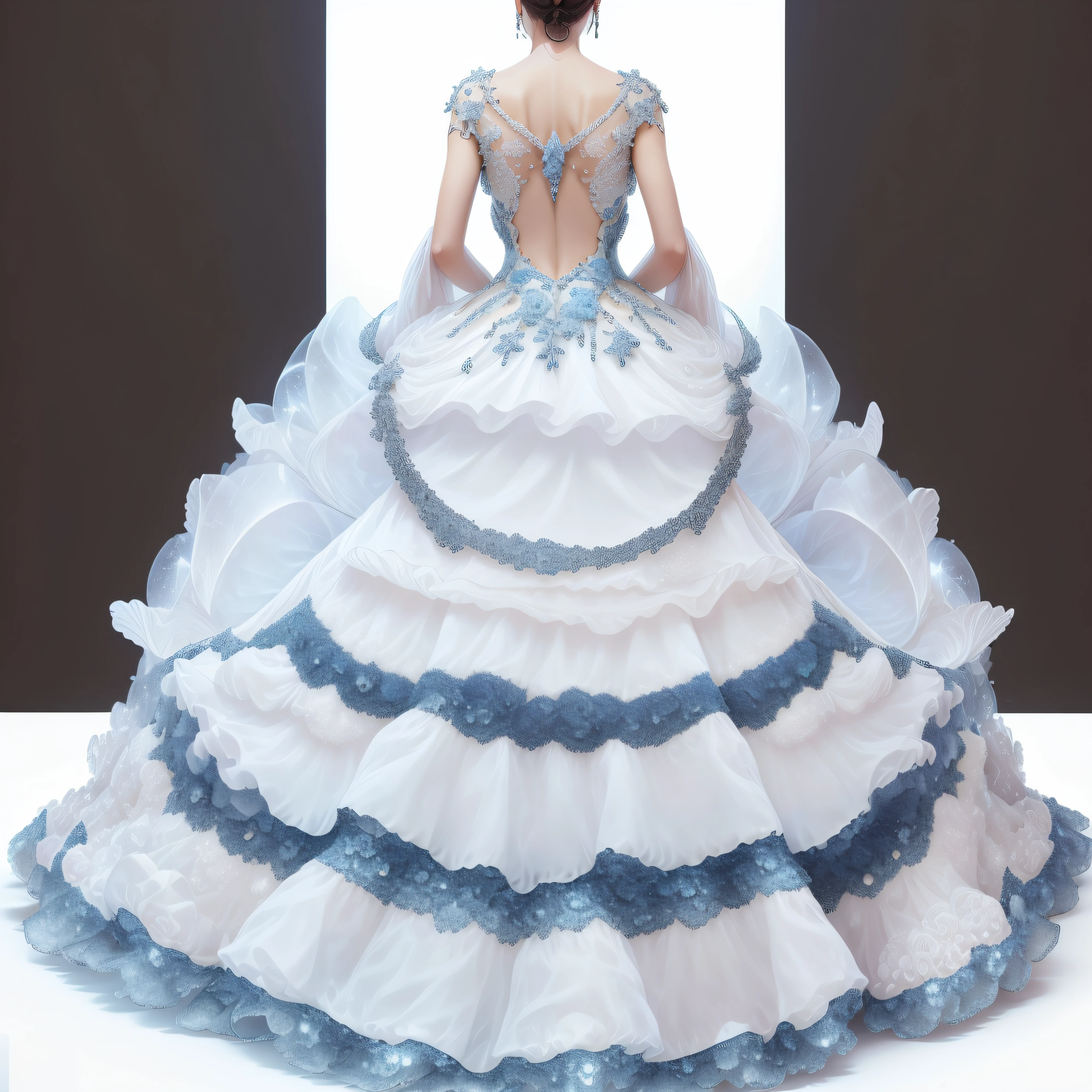 a goddess wearing a majestic white and blue ball gown dress, big beautiful dress, intricate puffy ball gown with lots of ruffles and rhinestones (Masterpiece, Top Quality, Best Quality, Official Art, Beautiful and Aesthetic: 1.2), (1 Flower), Full Body, Extremely Detailed, (Fractal Art: 1.3), Colorful, Most Detailed