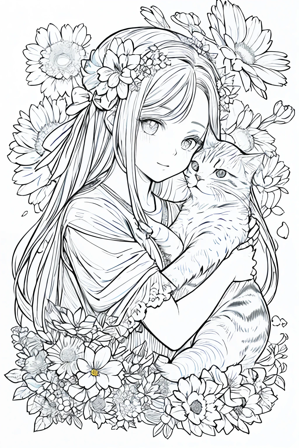 obra maestra, Acura, A girl hugging a cat puppy, flower line drawing background, fondo blanco, Monocromo, line drawing