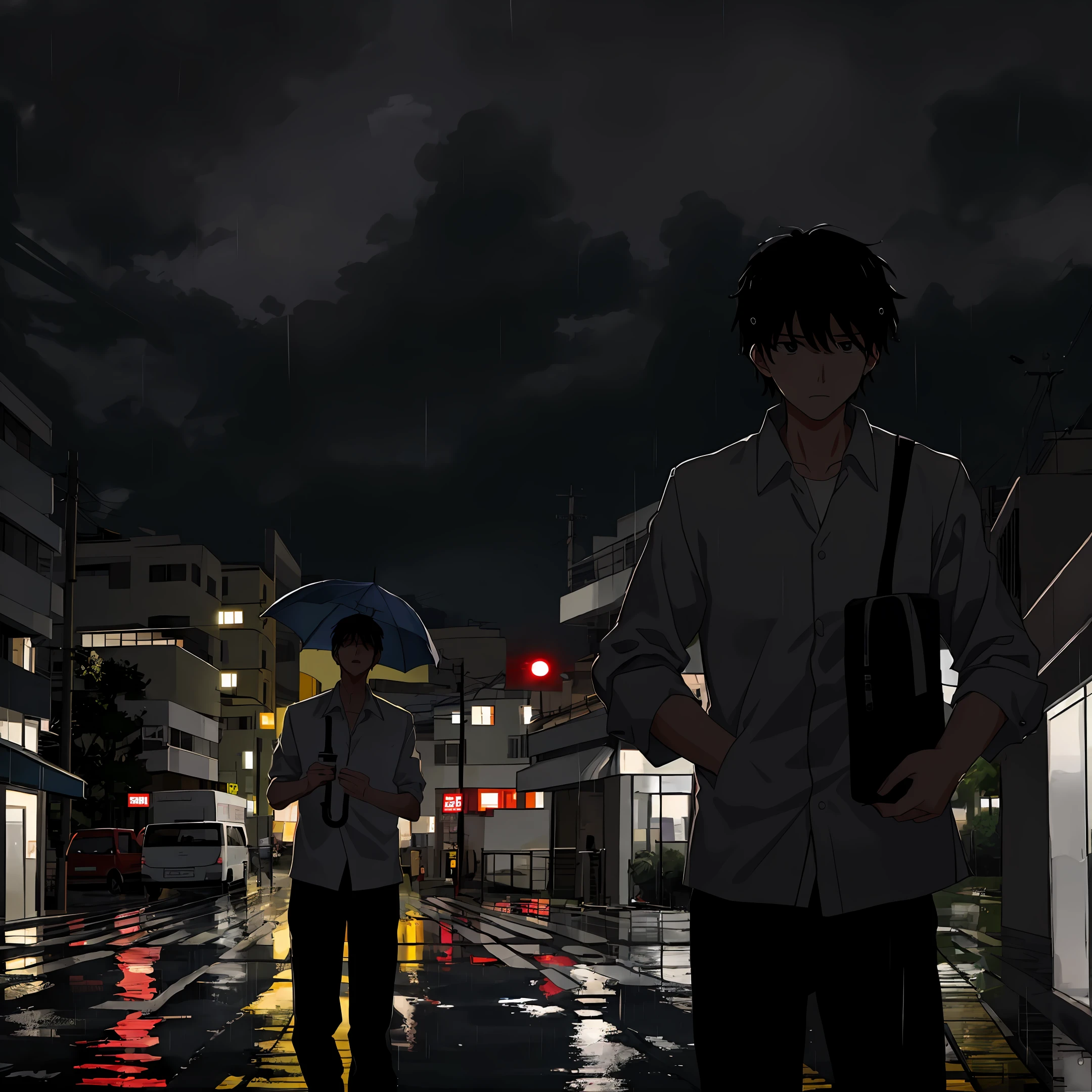 Typhoon days,heavy rainfall。The umbrella was blown in the air by the wind。The man struggled against the wind,The vehicle directing the delivery。Rain runs down your face。