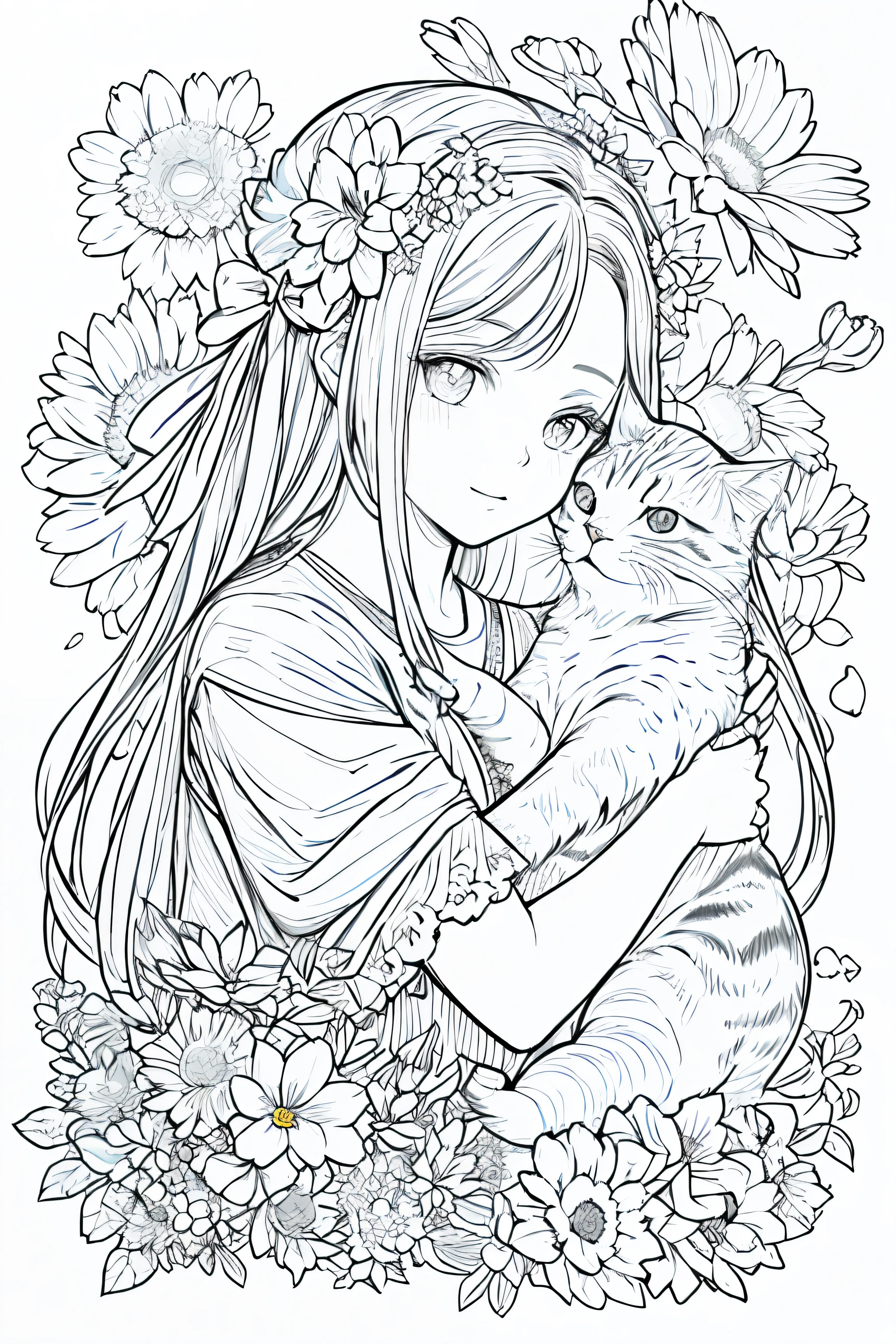 obra maestra, Acura, A girl hugging a cat puppy, flower line drawing background, fondo blanco, Monocromo, line drawing