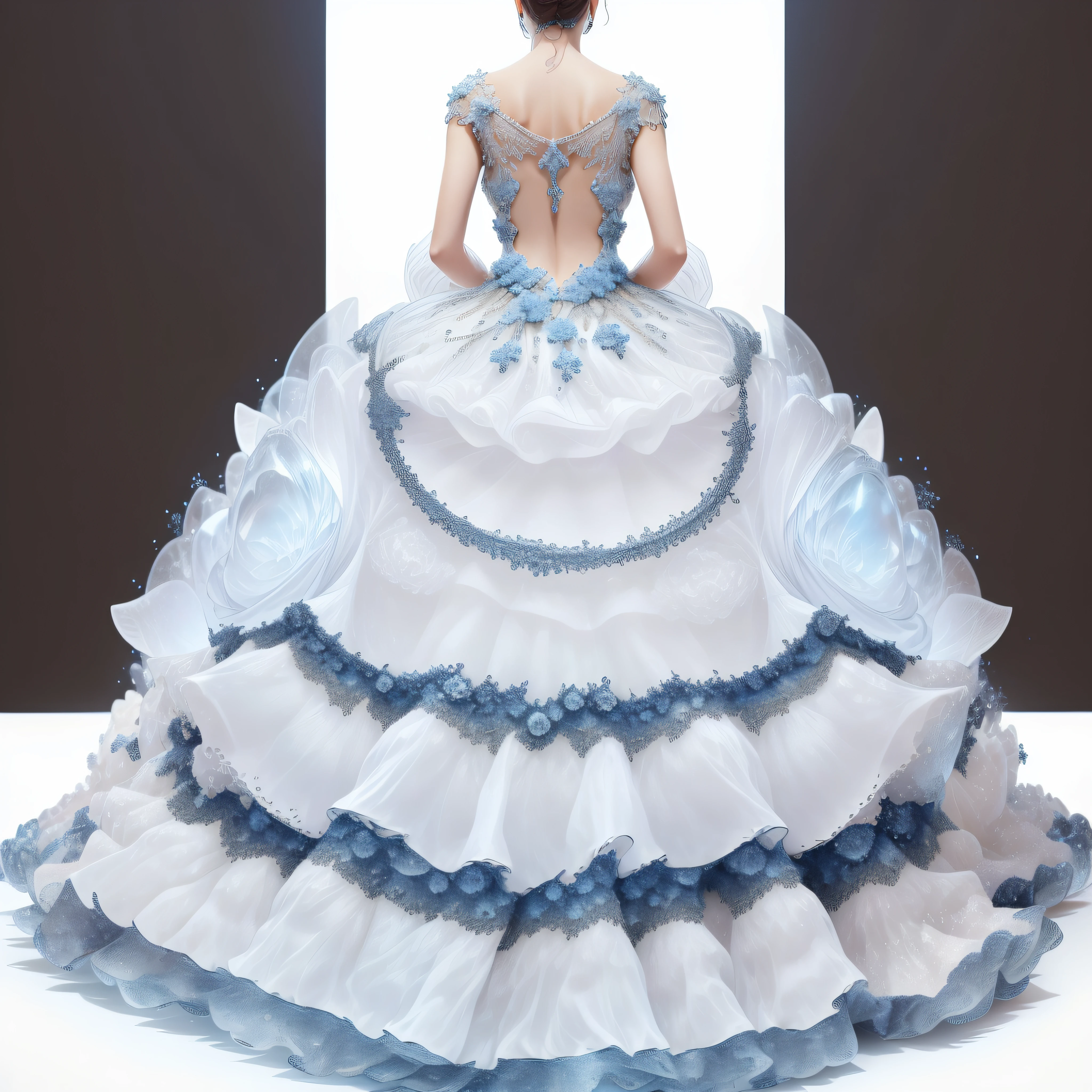 a goddess wearing a majestic white and blue ball gown dress, big beautiful dress, intricate puffy ball gown with lots of ruffles and rhinestones (Masterpiece, Top Quality, Best Quality, Official Art, Beautiful and Aesthetic: 1.2), (1 Flower), Full Body, Extremely Detailed, (Fractal Art: 1.3), Colorful, Most Detailed