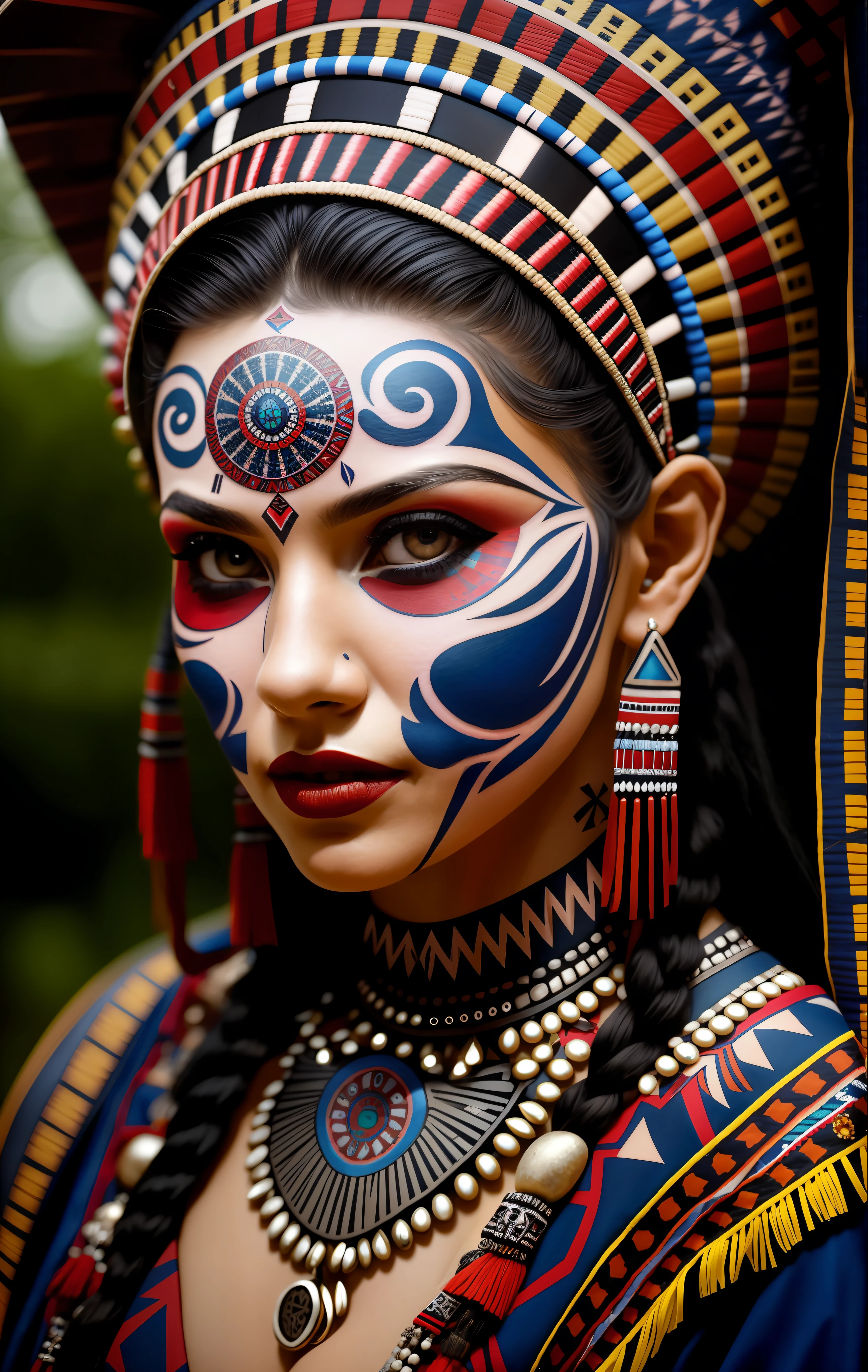 a close up of a woman with a headdress and tattoos, aztec princess portrait, tribal makeup, aztec warrior goddess, tribal piercing and tatoos, tribal facepaint, gothic maiden shaman, amazon warrior, tribal style, aztec queen, wholesome techno - shaman lady, warrior woman, mayan priestess, she is dressed in shaman clothes, a young female shaman