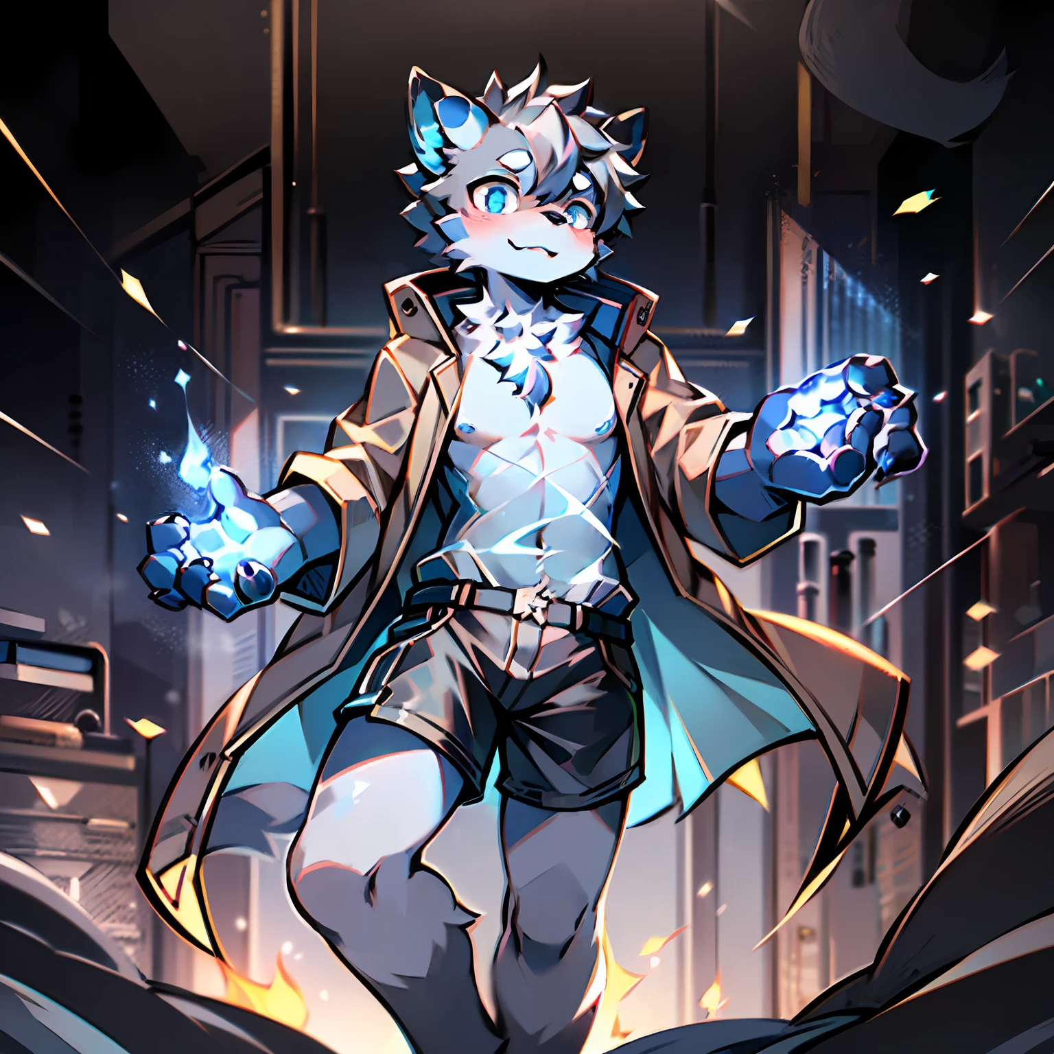 eyes with brightness, the panorama, Character focus ,Full body like,Side Body,独奏,solo person, shaggy, Correct human anatomy。Furry male wolf(Dragon and wolf combined), Male blue-white skin, The eyes are blue,(A pair of dragon wings), Gray hair(The long),There is a pair on the forehead(small nipple)Blue horn fluorescence,In the lab,Inside a transparent cell,Get up from the bed,astonishment,Look into the palm of your hand,Take control of the magic,Flames floating around,Control the ice,Gray shorts,trench coats,Young style,Height one meter seven,Handsome, There is a wolf tail,high-definition,8K,1440*2048