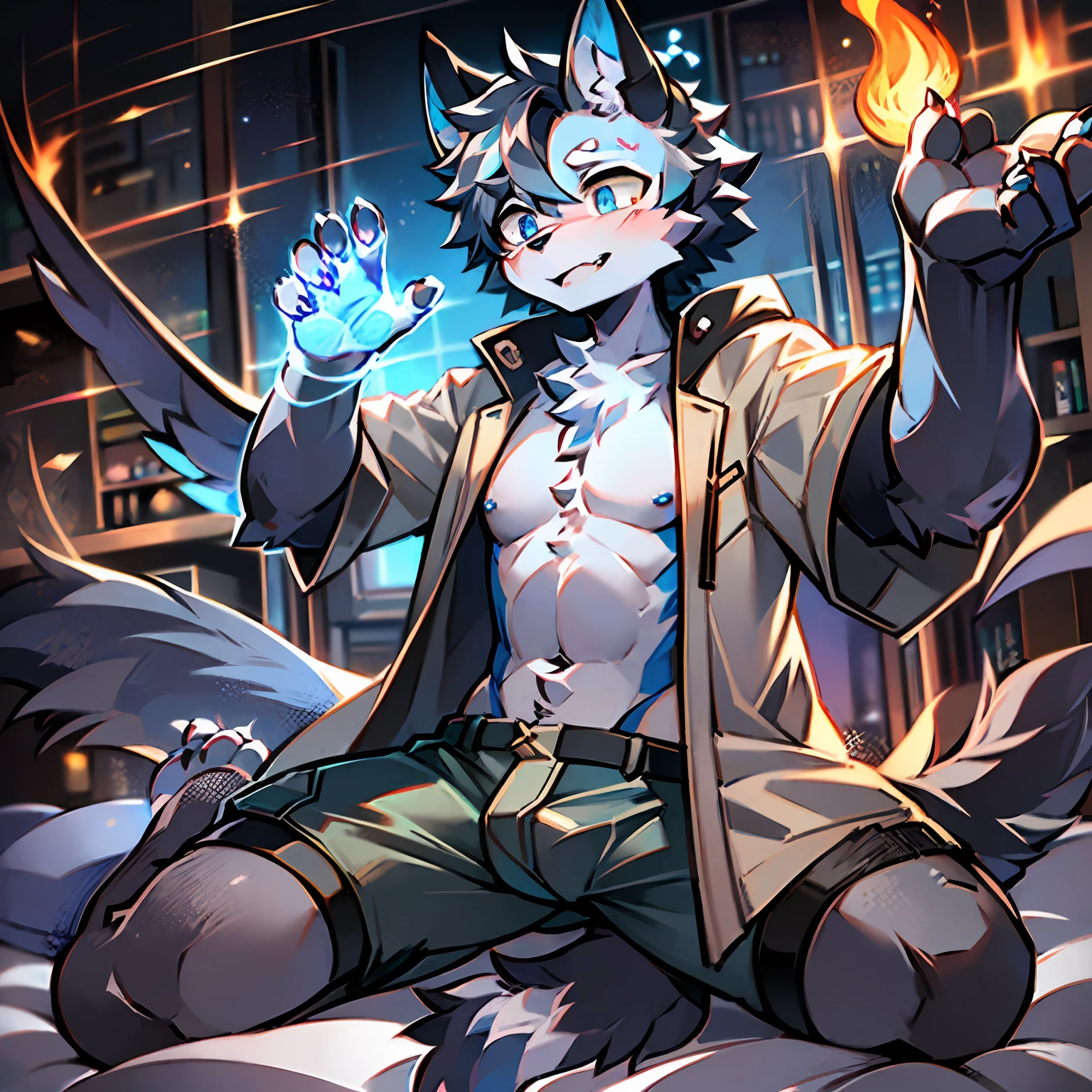 eyes with brightness, the panorama, Character focus ，Full body like，Side Body，独奏,solo person， shaggy, Correct human anatomy。Furry male wolf（Dragon and wolf combined）, Male blue-white skin, The eyes are blue，（A pair of dragon wings）, Gray hair(The long），There is a pair on the forehead（small nipple）Blue horn fluorescence，In the lab，Inside a transparent cell，Get up from the bed，astonishment，Look into the palm of your hand，Take control of the magic，Flames floating around，Control the ice，Gray shorts，trench coats，Young style，Height one meter seven，Handsome， There is a wolf tail，high-definition，8K，1440*2048