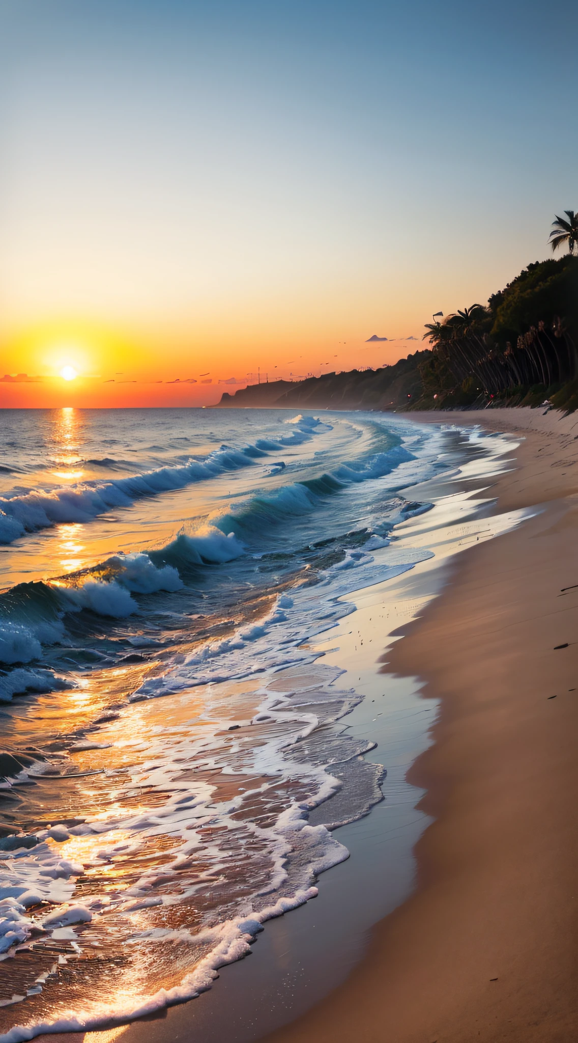8k,Absolutely mesmerizing sunset on the beach,The sky is mixed with orange、Pink and yellow。The water is crystal clear,Kissing the shore tenderly,The white sand is boundless。The scene is full of movement,A breathtaking,Seagulls soar high in the air,Palm trees sway gently。Immerse yourself in a calm atmosphere,Let the tranquil surroundings surround you。 --auto