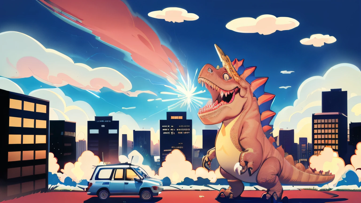 cartoon dinosaur with a car in the background, meteor impact behind a dinosaur, monster destroying pyongyang, kaiju battle, Mobile game art, 4 k hd illustrative wallpaper, Detailed 2D illustration, cartoon style illustration, background artwork, Game illustration, chrome dino, 2. 5 d illustration, inspired by Patrick Brown, 8 K cartoon illustration, wall paper!