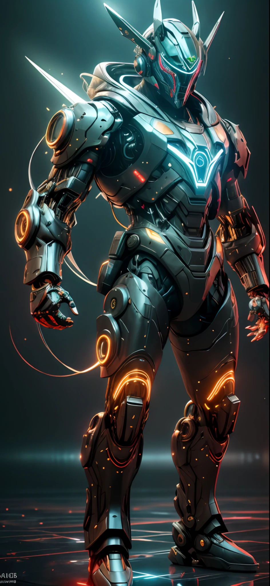 realistic,shiny,reflective,bioluminic, galactic cybernetic mask,mecha,(executioner:1.2),cloak,sh4g0d,GlowingRunes_red,fullbody,cinemnatic,dark background,backlight,high contrast,