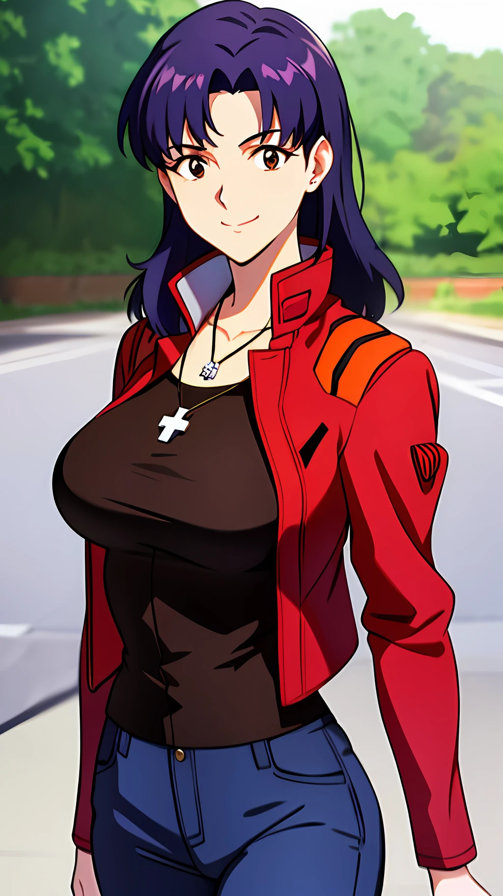 masterpaintings,the best quality,Heavily detailed_CG_unity_8k_Wallpapers,Heavily detailed_The eye,Evangelion:3.0 You can\(ne\)redo,1 girl,独奏,Misato Katsuragi,brown-eyed,Indigo hair,large tits,Cross necklace,red jacket,40-year-old female,mature female,skies,half-body,Smile with,Anime screencap,
