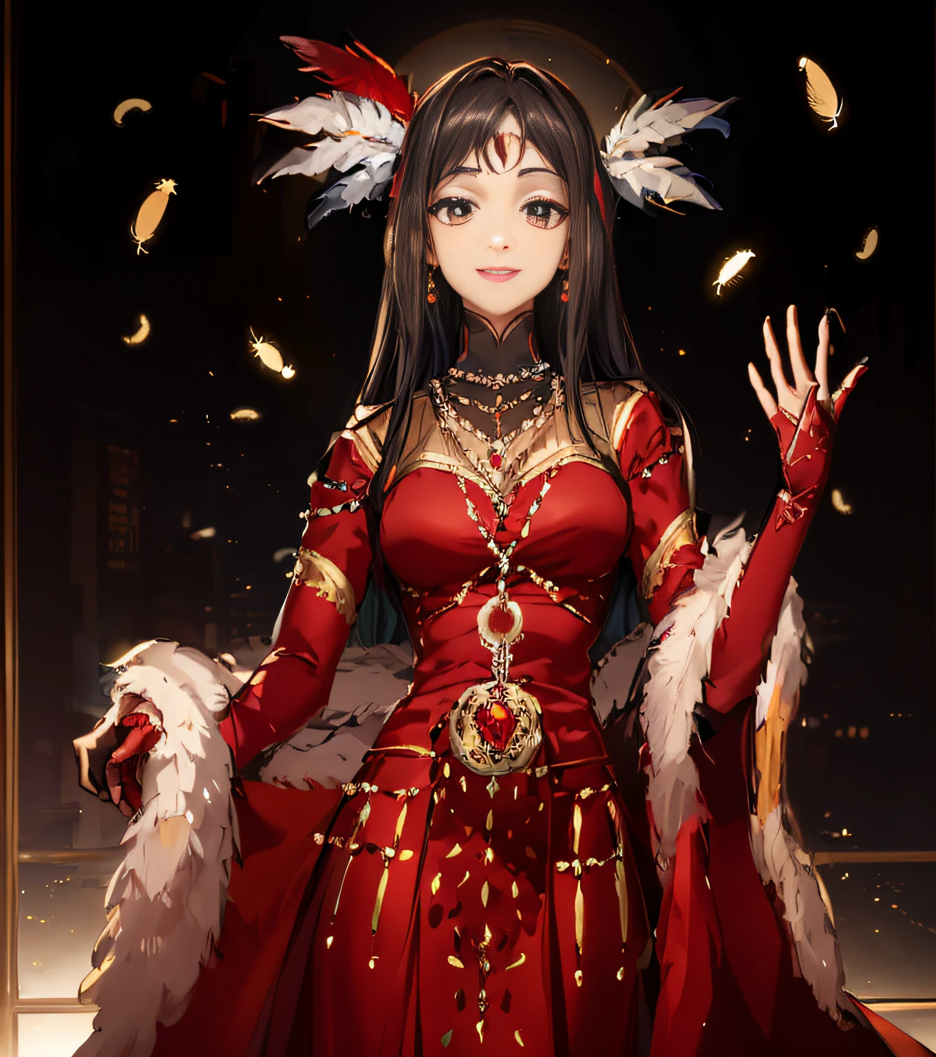 A woman in a costume raising her left hand，Pretty Women，Smiling，black color hair，Red robe，Gorgeous jewelry set on the body，There are feathers on the head，Red cape，white fluff，