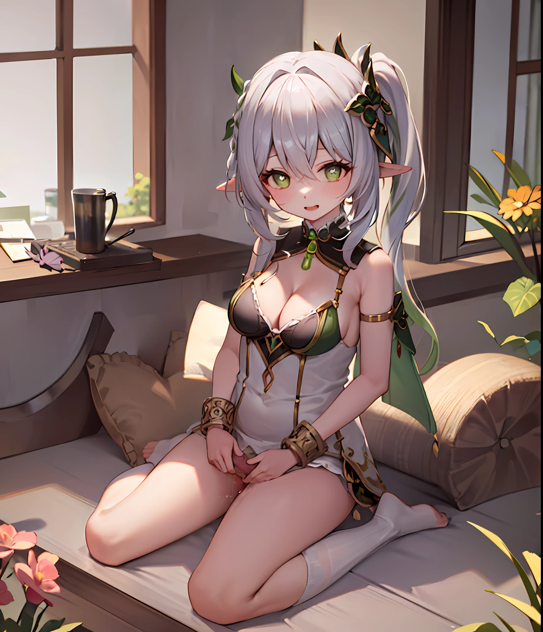masterpaintings，最佳质量，1girl huge large breasts，独奏，Nahida_Genshin，Cruciform student，default_Dress，Green cloak，and wear no underwear，not wear underpant，cleavage exposed，The legs are spread apart， Lateral breast exposure， Chest exposure， Scratches， Vaginal opening， cleavage exposed ，Scratches ，Vaginal opening， The legs are spread apart，Scratches，No Panty，cleavage exposed，The vaginal opening is exposed，Vaginal opening valgus，urinating