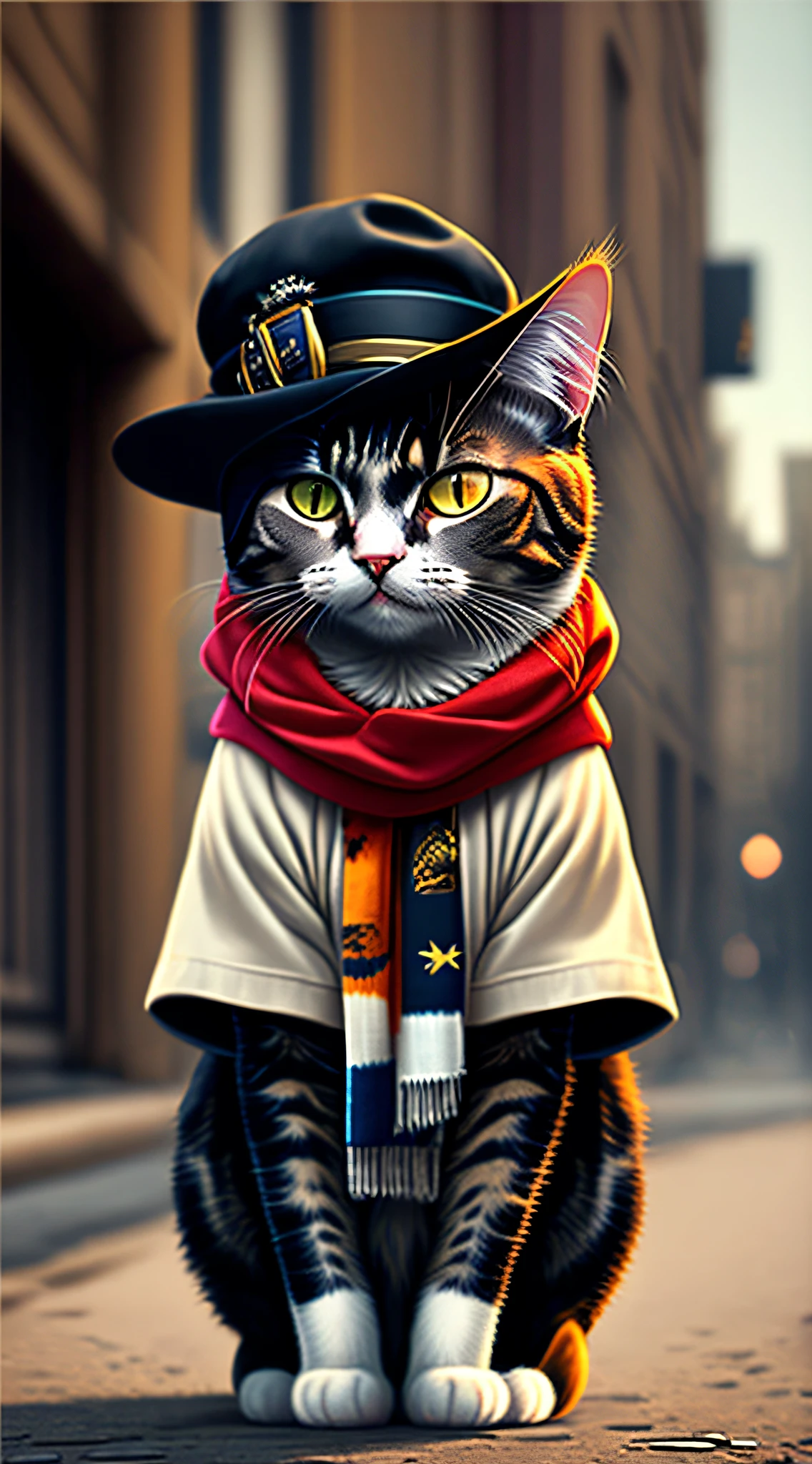 image of a cat with hat and scarf, art station trend, dressed in punk clothes, hyper realistic detailed rendering, british gang member, urban style, intimidating pose, planet of cats, fashionable clothes, urban samurai, meow, west slavic traits, circular design, shirt design
