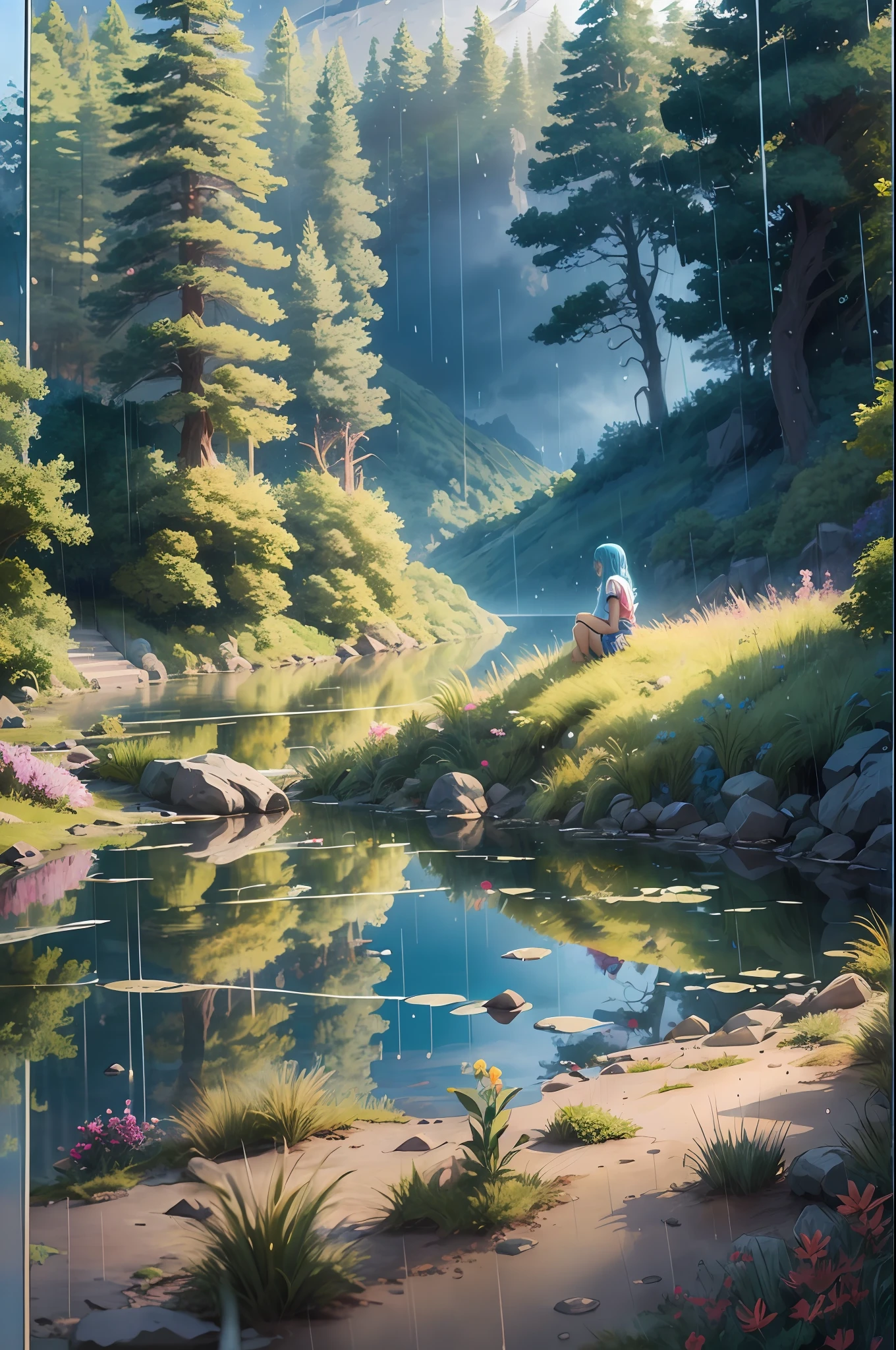 there is a woman with blue hair sleepin on a rock by a lake, (masterpiece, best quality), lineart, colorful, watercolor, 1girl, 19yo girl, ((floral panties)), open shirt, lying on bed, eyes closed, morning, bedroom, lineart, colorful, vivid colors, intricate details,cameltoe, (rain:1.6),anime nature, near a lake, gazing at the water, anime vibes, anime style. 8k, anime girl in real life, in the mountains, realistic anime artstyle, anime realism style, lake in the background, anime style 4 k, setting in nature, near a small lake