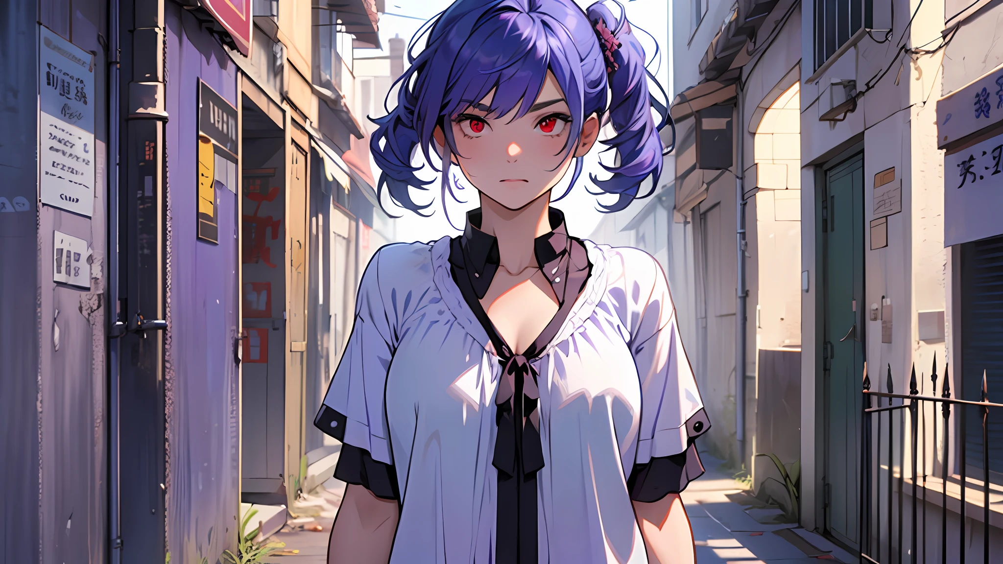 (((1girl))), ((((solo)))), ((messy hairstyle)), standing taking a picture, (((blue-violet hair)), red eyes, soft blouse