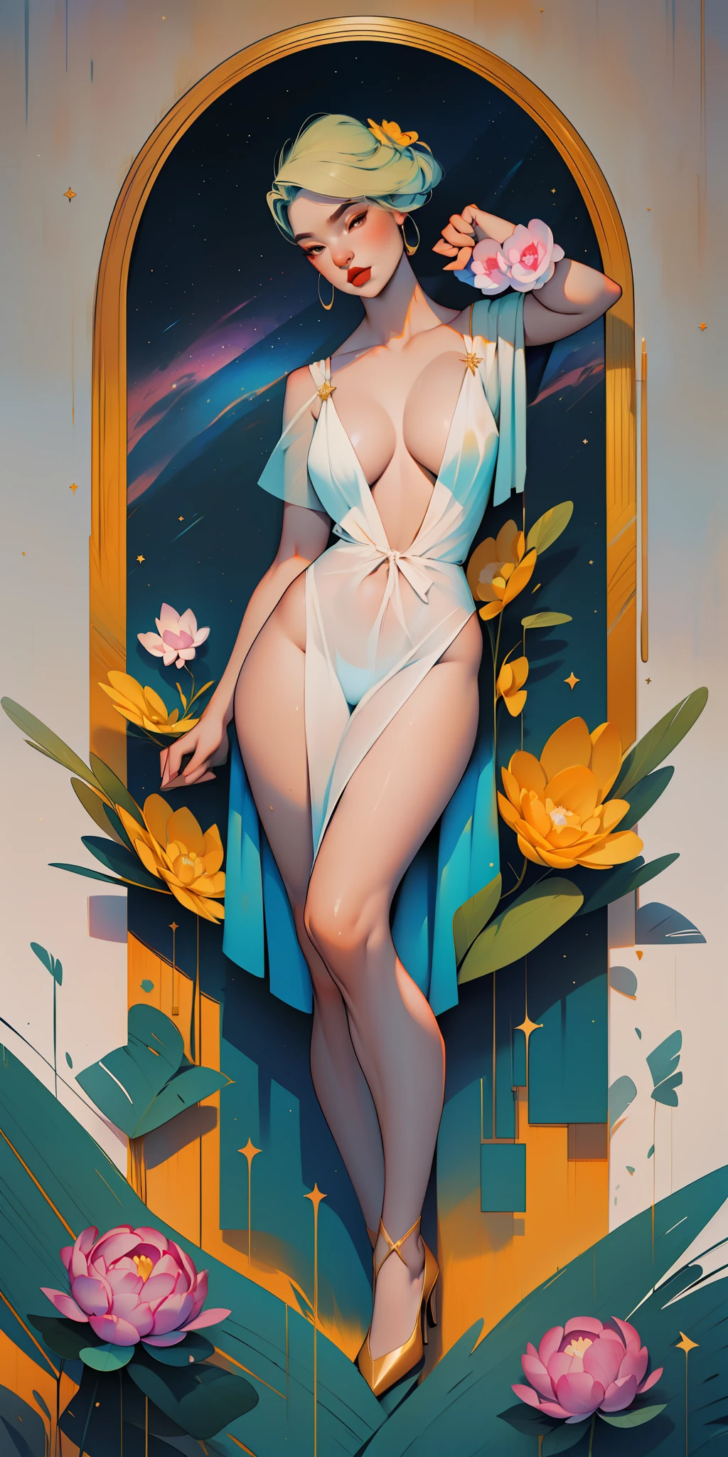 peony/lotus/cornflower/wheat/mallow/ chamomile/poppy/Wildflowers,professional,abstract beauty,approaching perfection,Dynamic,Highly detailed,digitally painted,Artstation,Concept art,Smooth,sharp-focus,an illustration,Artists: by Carne Griffiths, Wadim Kashin,leonid afremov,kandinsky,Psychedelic,watercolour,crystals foil,stylish,fantastic,gold,colorful neon, s face, waist-high, portrait of a, up close, near, queen, a goddess, A glorious sunrise, aura, glow, multi-colored bright aurora borealis, Spectrum Rainbow,Colored feathers, In a chic, lavender white mint hair, pastel, mixed-language_SMS, (beautiful and clear background:1.2),, fantastic paintings , olhos altamente detalhados, crystals, outer space, galaxy, Gorgeous hair, Background Flora Peony, poppy, hydrangea, Plants. Loving. Love. ultra detail hair, Best Quality, high qulity, high resolucion, detail enhancement, ((most beautiful image in the world)), Masterpiece, Best Quality, High Quality Detail Enhancement, ((most beautiful image ), Shiny hair, Ultra chic lace panties, Topless, naked body, curvy chic body, Stampa Flores, art by stjepan sejic, art by j scott campbell, art by guillem march, art by citemer liu, 4k, high resolucion, comic book character, comic, high quality detailed, style of ::2.0 comix illustration style,tatoon style, high qulity, high resolucion, detail enhancement, 8K, HD, Best Quality, high qulity, high resolucion, detail enhancement, 8K, HDR, sharp-focus, Ultra Detailed, perfect lighting, Curvy Body, Lush big breasts, Curvy big hips, sparks, Stars, The Cycle of the Stars, highheels, nacre, dancer, Perfect Two Hands, Perfect two legs, Perfect Most Beautiful Curvy Body, Victorian era, revival,