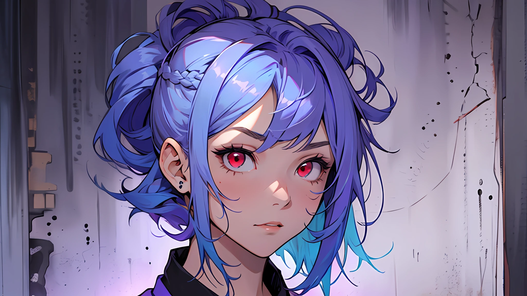 (((1girl))), ((((solo)))), ((messy hairstyle)), standing taking a picture, (((blue-violet hair)), red eyes, soft blouse