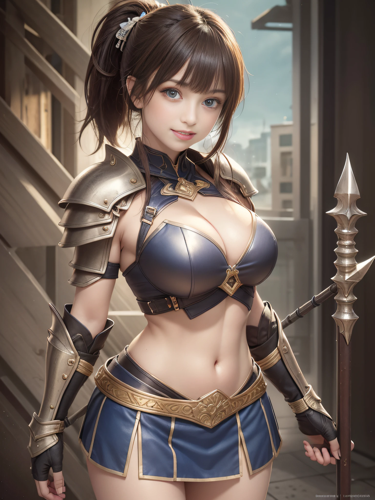 masterpiece, top quality, official art, highly detailed CG unity 8k wallpaper, one girl, ultra high resolution, (photorealistic: 1.4), golden hour lighting, very cute girl, cute chin, light blush, solo, showing white teeth and laughing, cleavage, big, highly detailed eyes and hair, beautiful skin in every detail, attractive thighs, abs, kubile, dynamic angleFemale warrior, with ponytail, brown hair, blue eyes, thick bangs, blue ribbon, tight mini skirt, heavy armor, spear