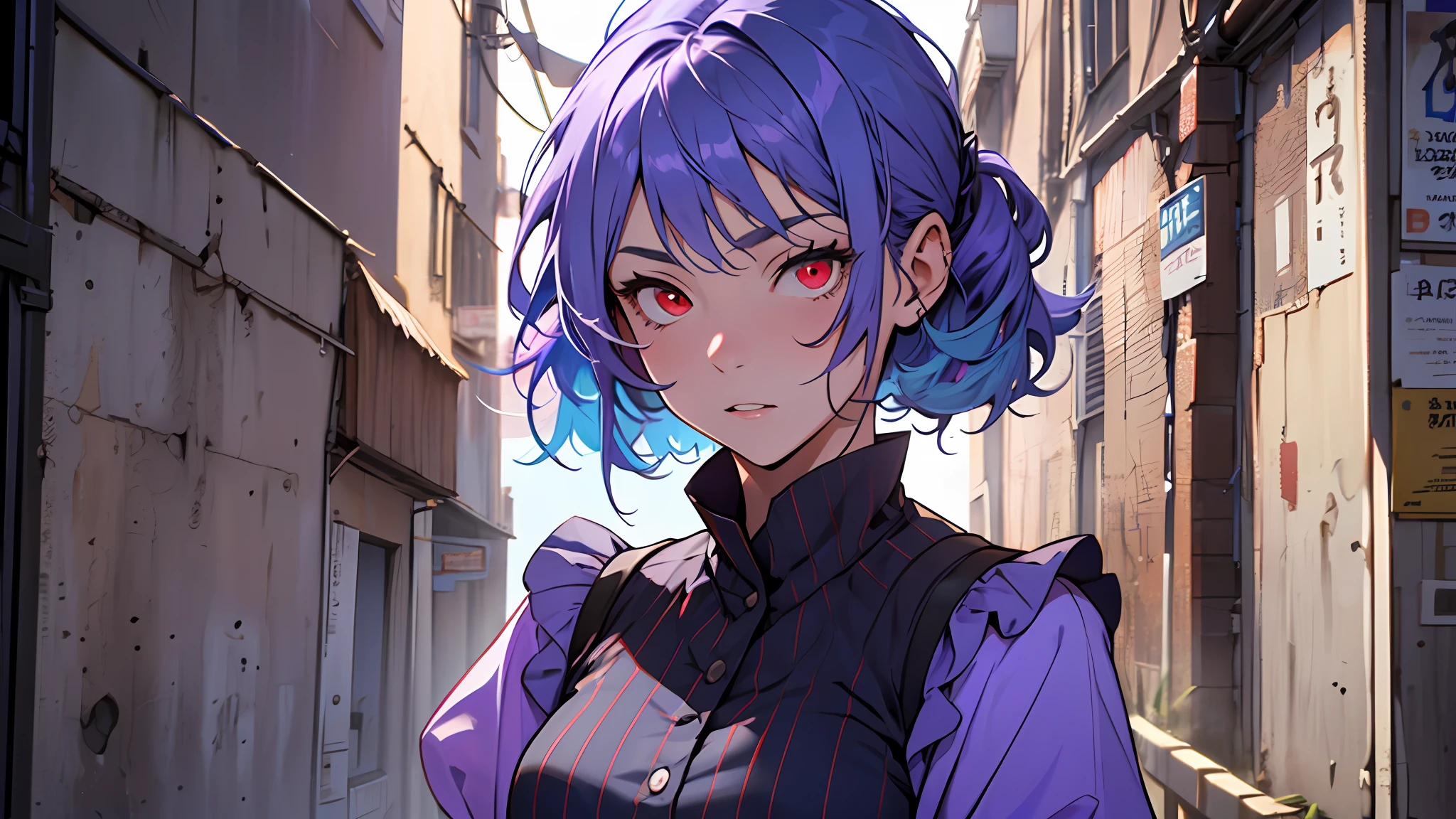 (((1girl))), ((((solo)))), ((messy hairstyle)), standing taking a picture, (((blue-violet hair)), red eyes, soft blouse