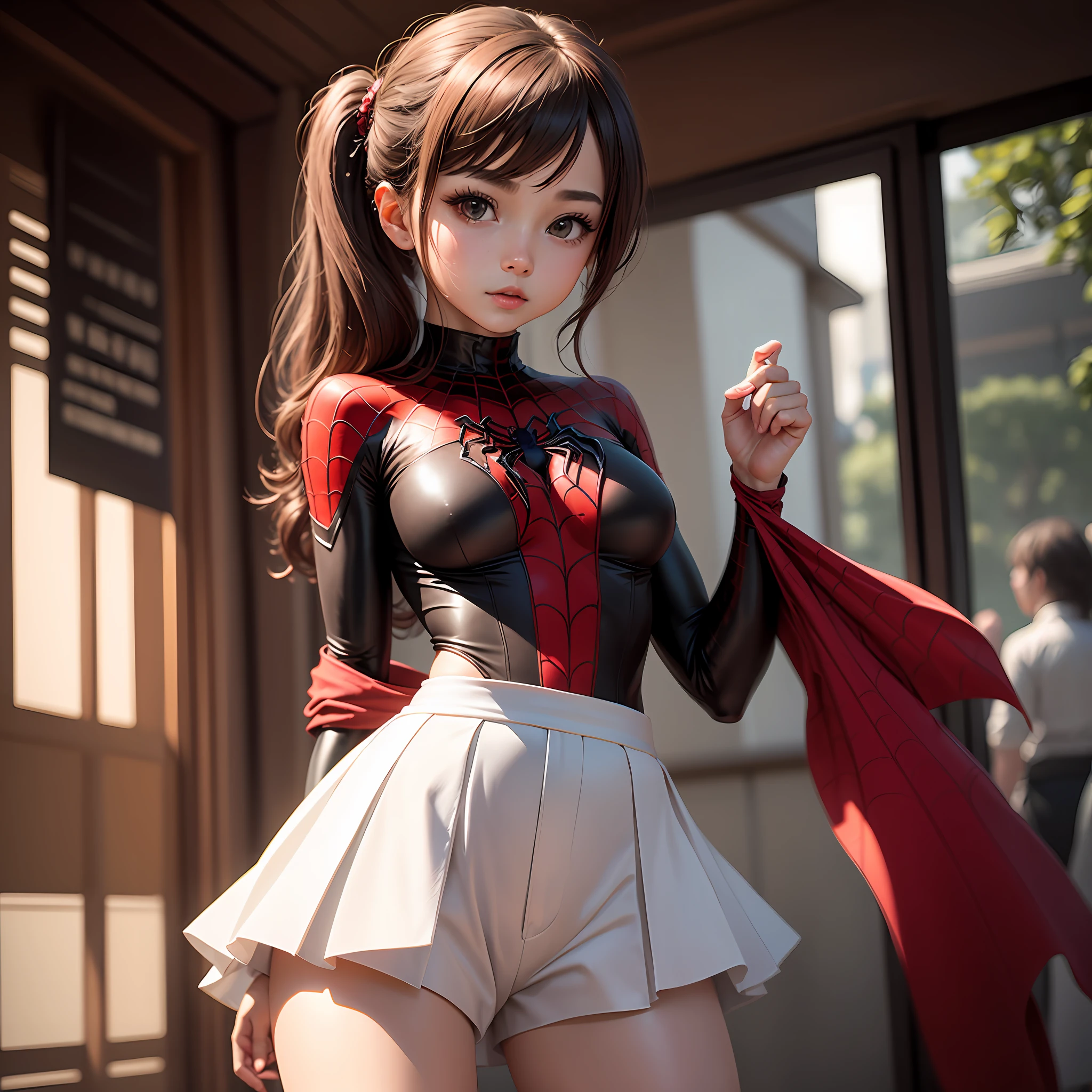 Top image quality、real photographic、4K、Beautie、ponie tail、japanes、spiderwoman、mini-skirts、White shorts、Decided Pose、rubbersuit、Skirt for the lower body、 --auto