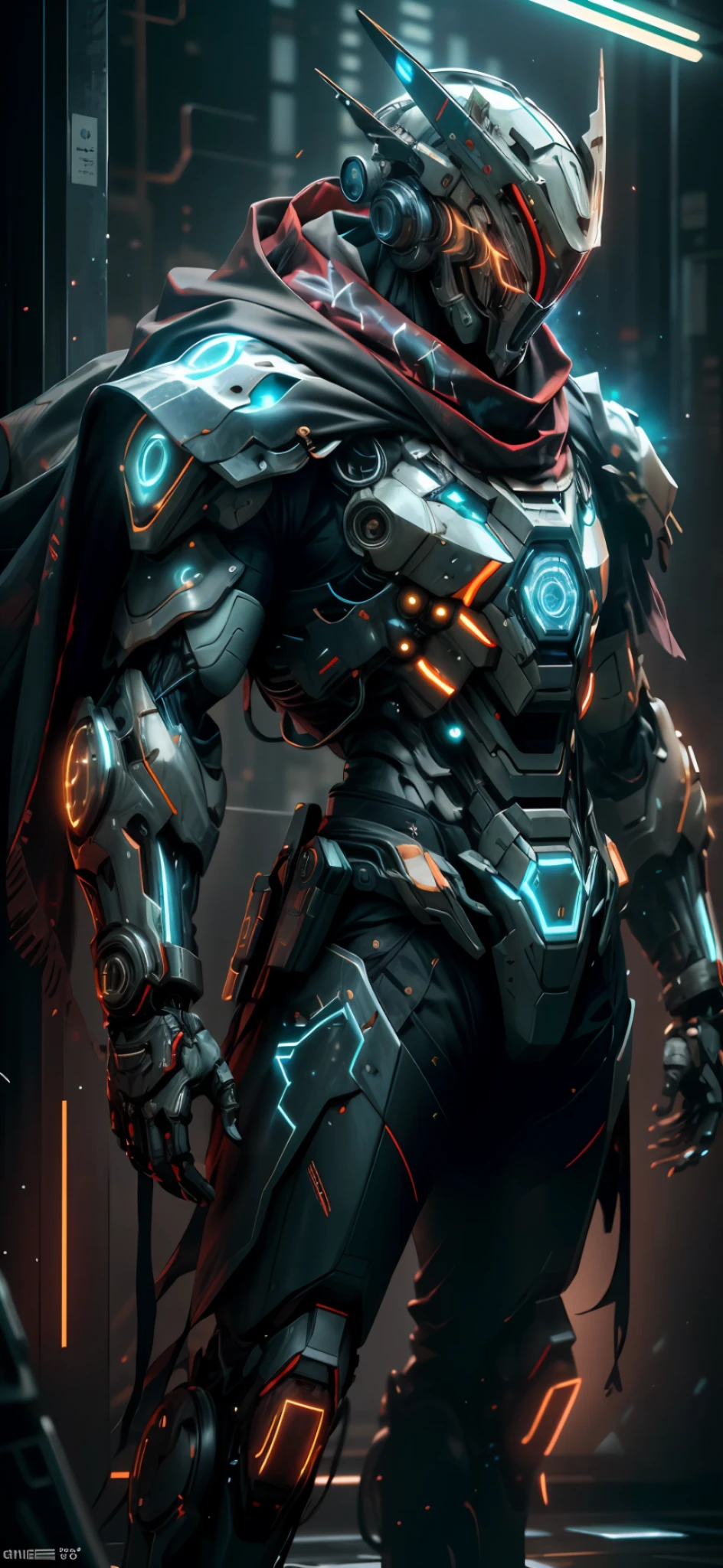 realistic,shiny,reflective,bioluminic, galactic cybernetic mask,mecha,(assassin:1.2),scarf,cloak,sh4g0d,GlowingRunes_red,fullbody,cinemnatic,dark background,backlight,high contrast,